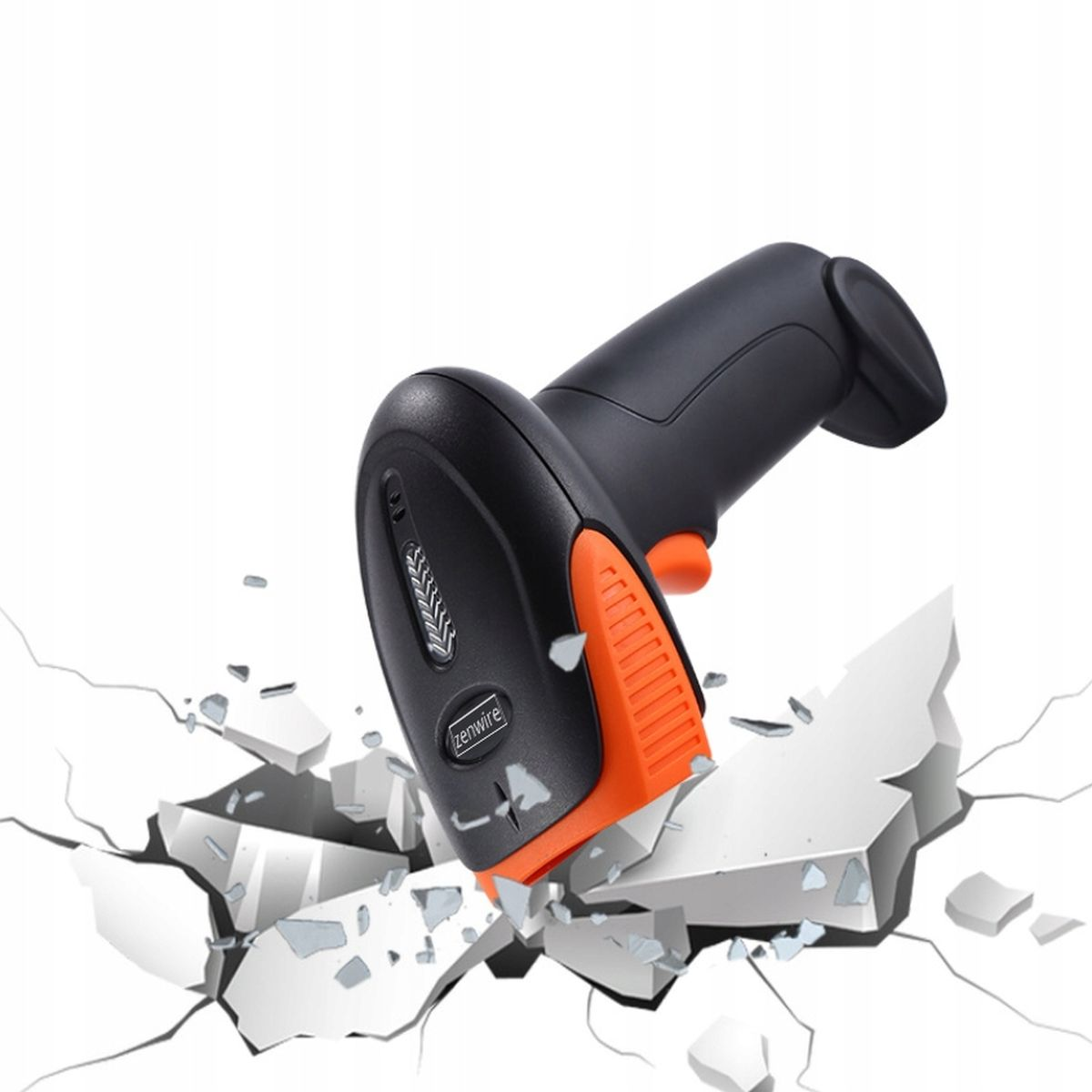 Czarny i pomarańczowy skaner kodów kreskowych rozbijający białą powierzchnię betonową.