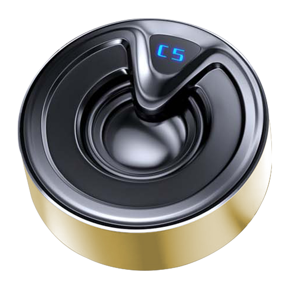 Schwarzer und goldener Lautsprecher mit blauer Anzeige, die 'C5' zeigt. Kreisförmiges Design. Weißer Hintergrund.