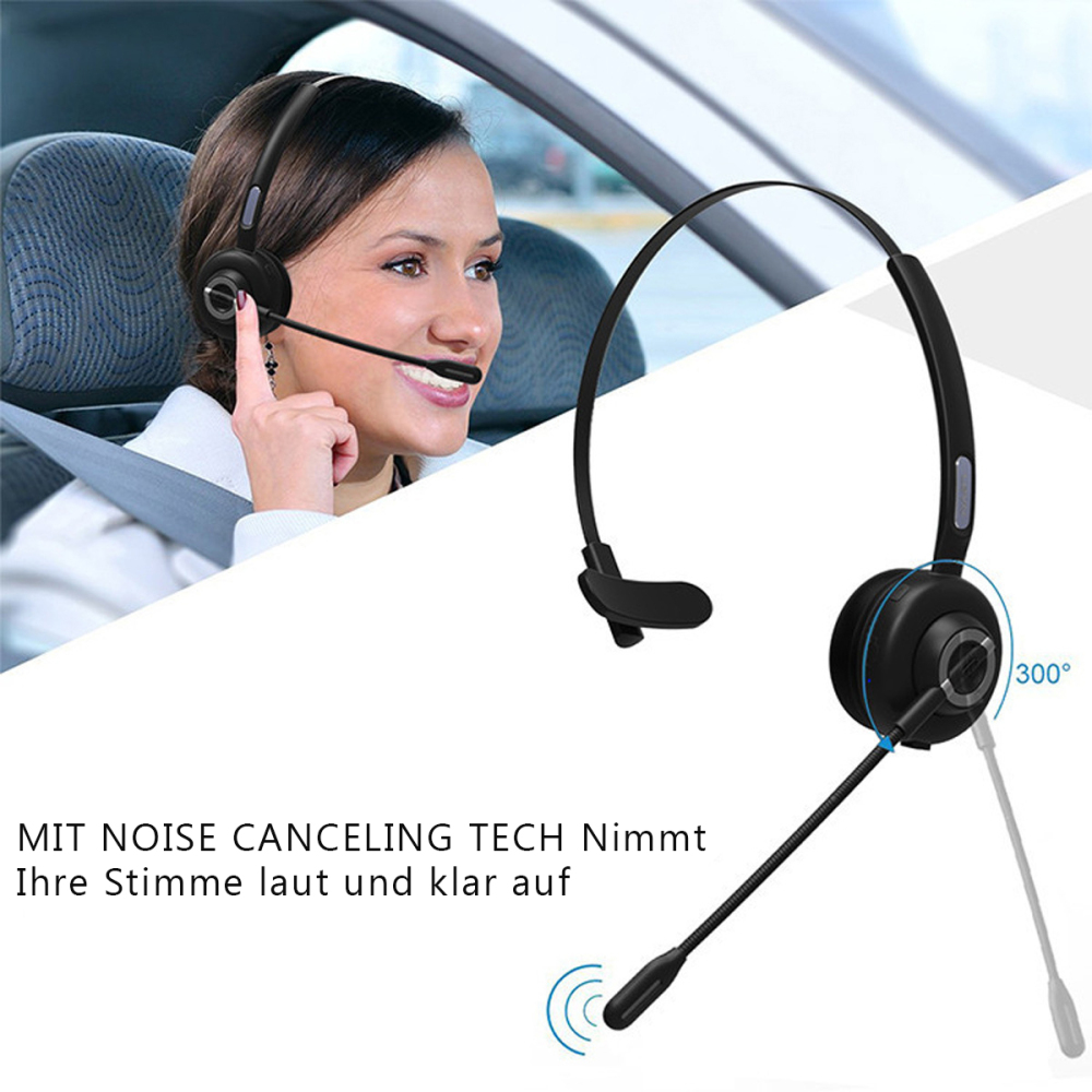Eine Frau benutzt ein Headset im Auto. Ein separates Headset ist ebenfalls sichtbar. Text über Geräuschunterdrückung.