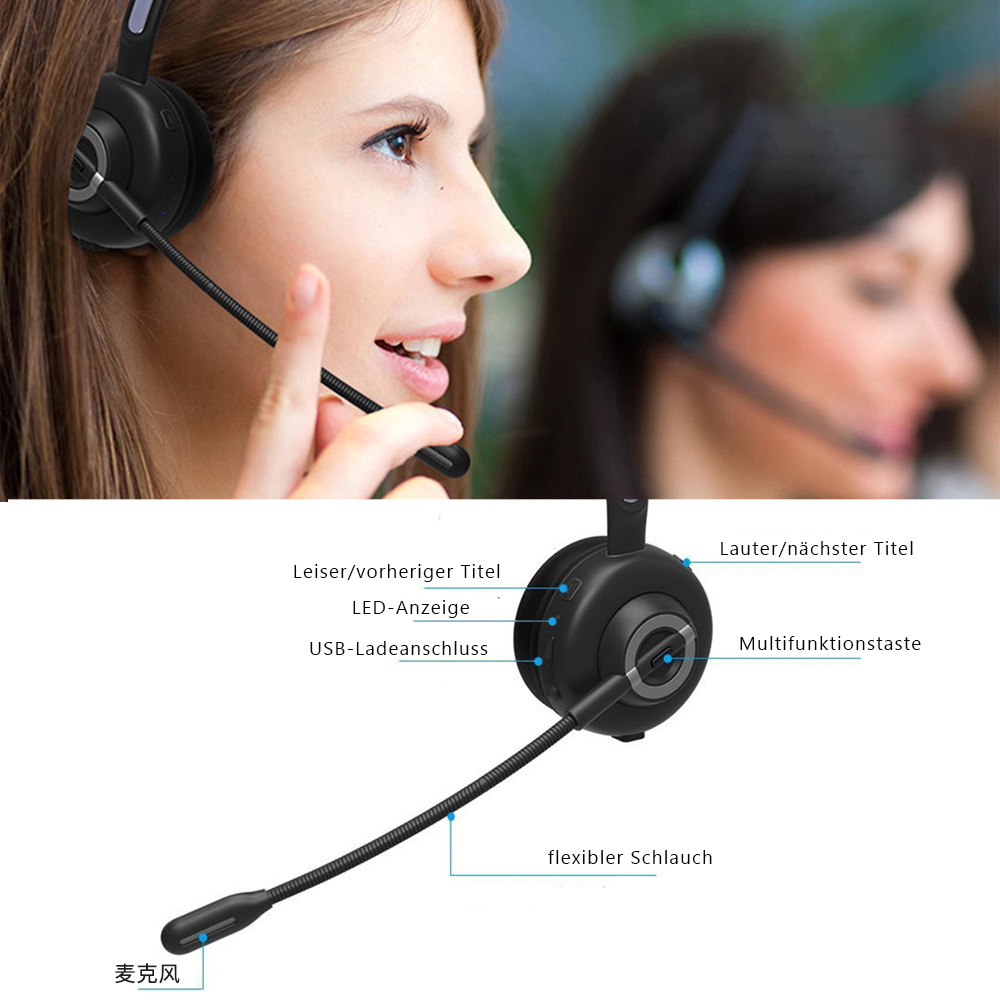 Zwei Frauen mit Headsets, mit Etiketten, die auf Headset-Details zeigen.