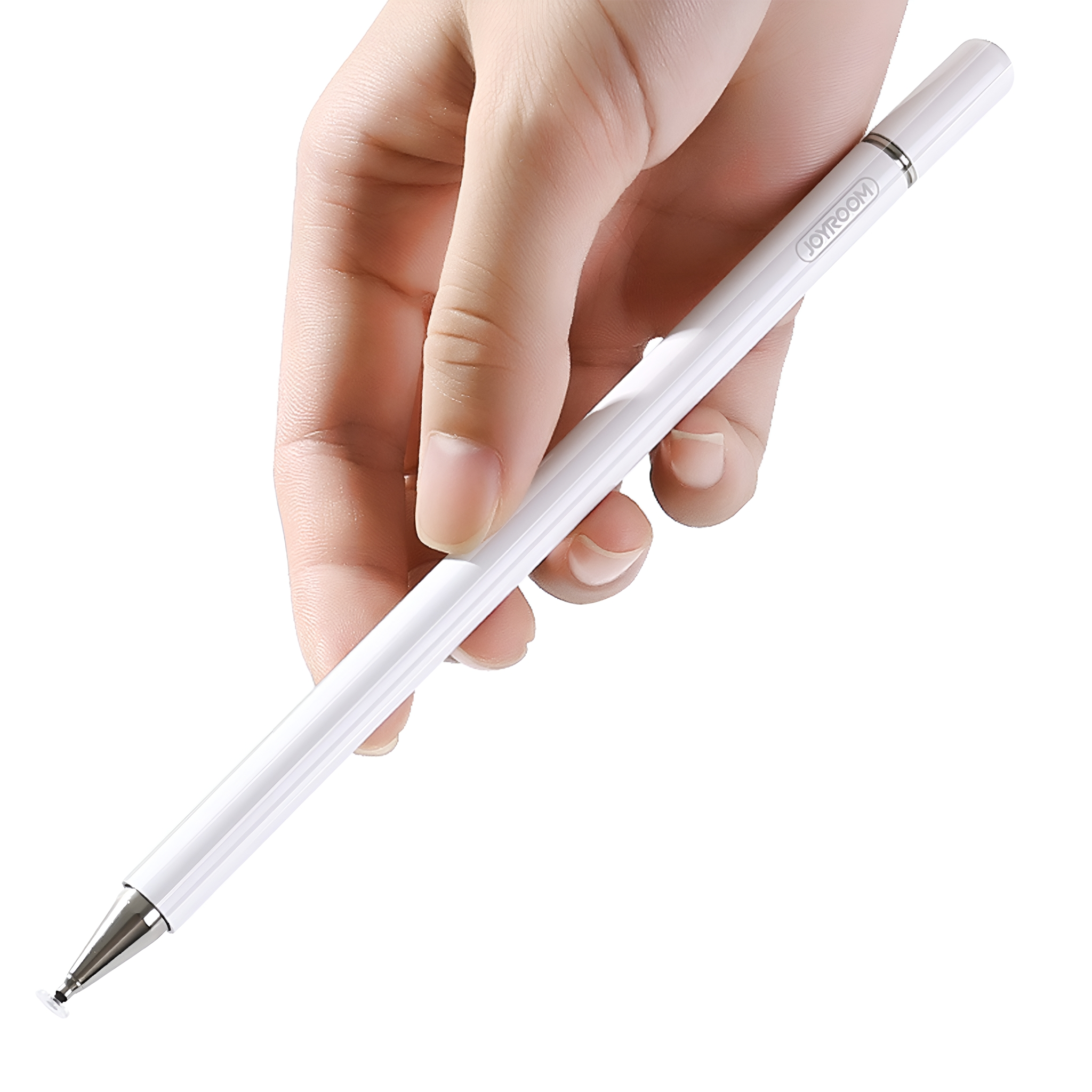 Weißer Eingabestift in der Hand gehalten, isoliert auf weißem Hintergrund.