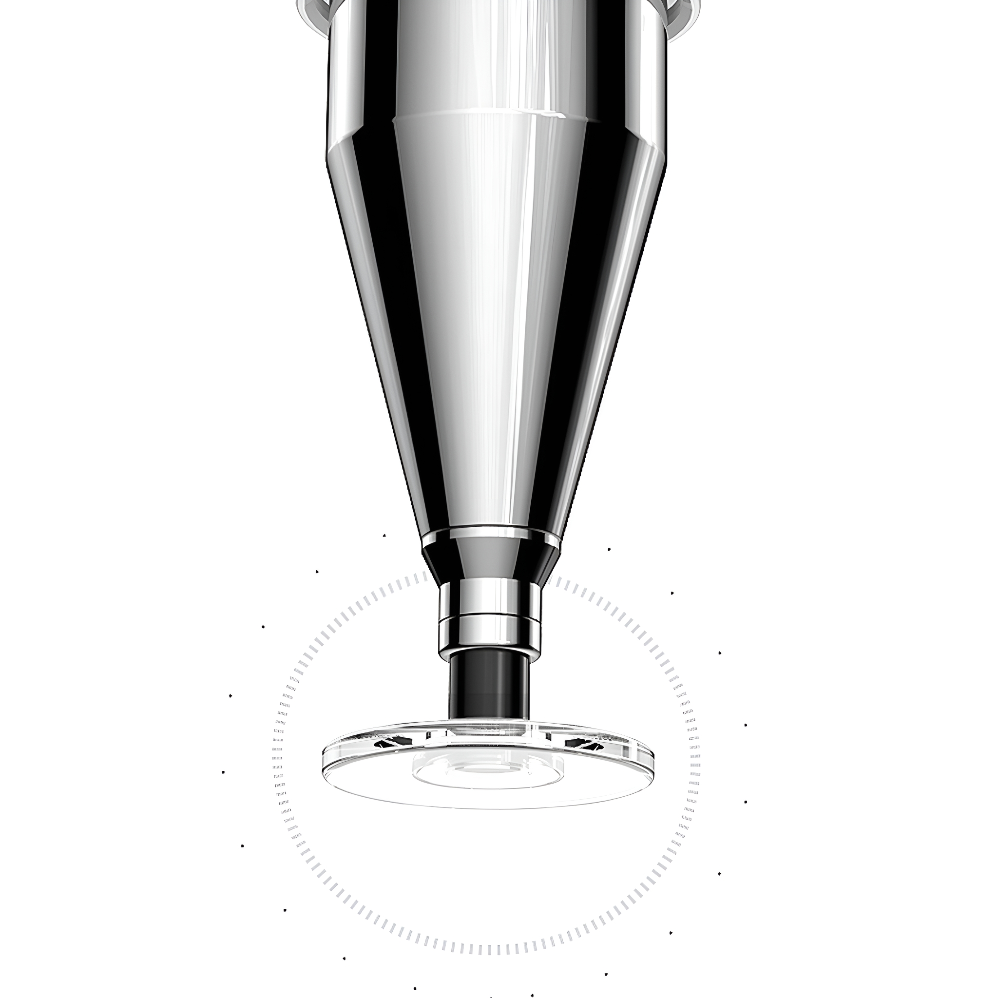 Verchromtes Objekt, abstraktes Design. Kreismuster um die Basis.