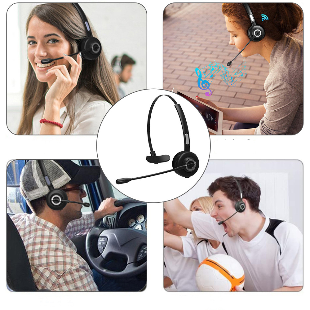 Vier Bilder zeigen Headset-Nutzung: Frau, Person mit Tablet, Mann fährt, und Gruppe.