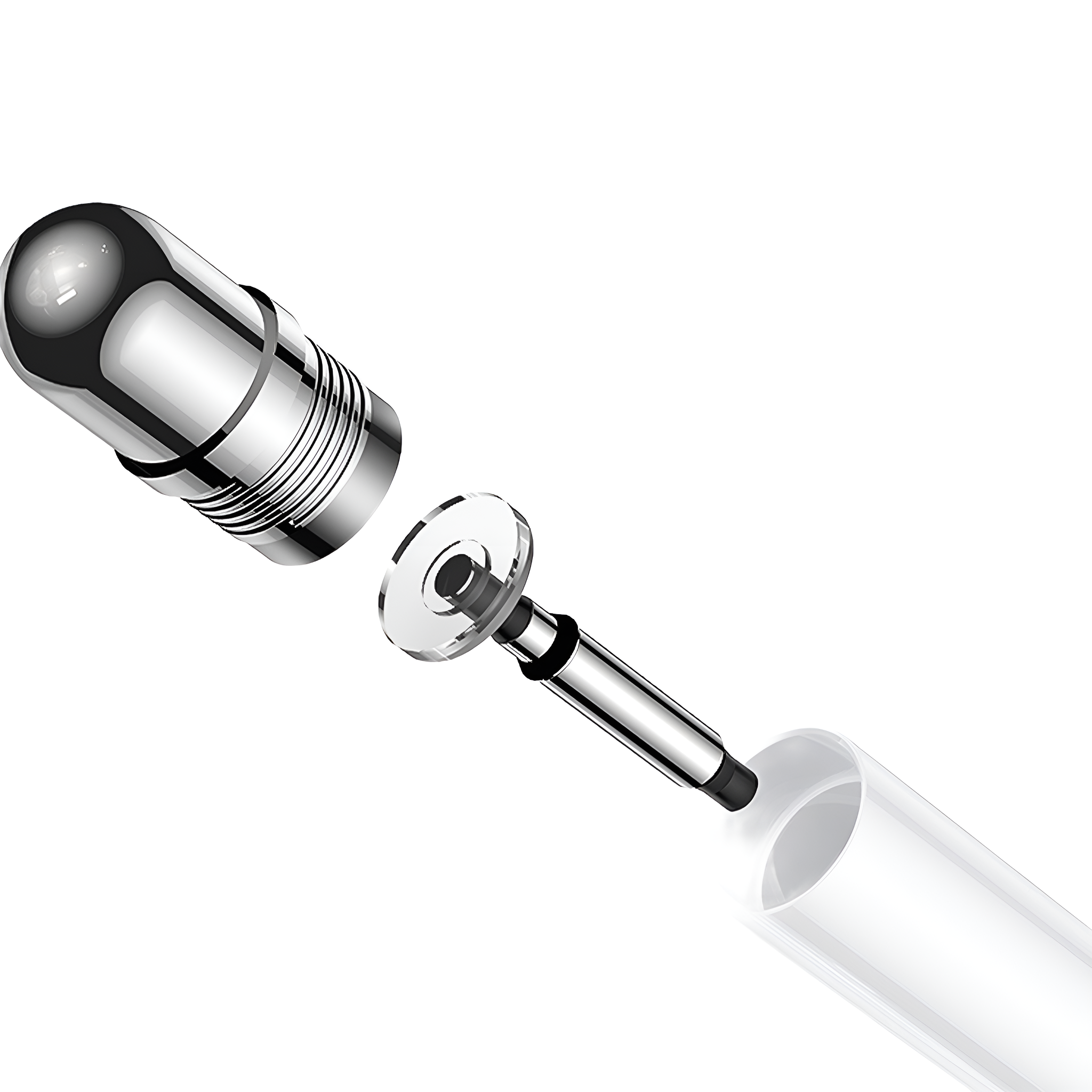 Silbernes Metallobjekt mit schraubenartigem Design, zerlegt, vor weißem Hintergrund.