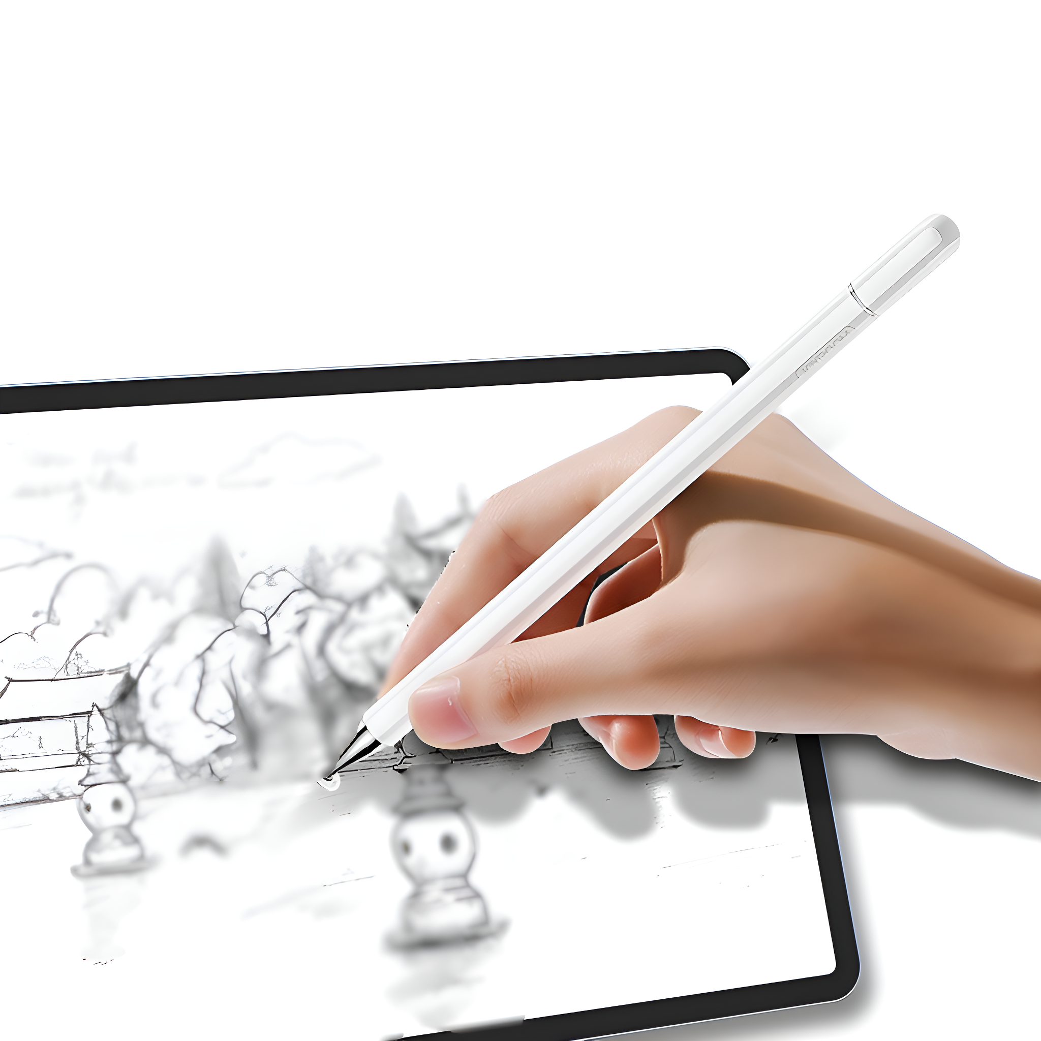 Hand, die einen weißen Stift auf einem Zeichentablett verwendet. Weißer Hintergrund.