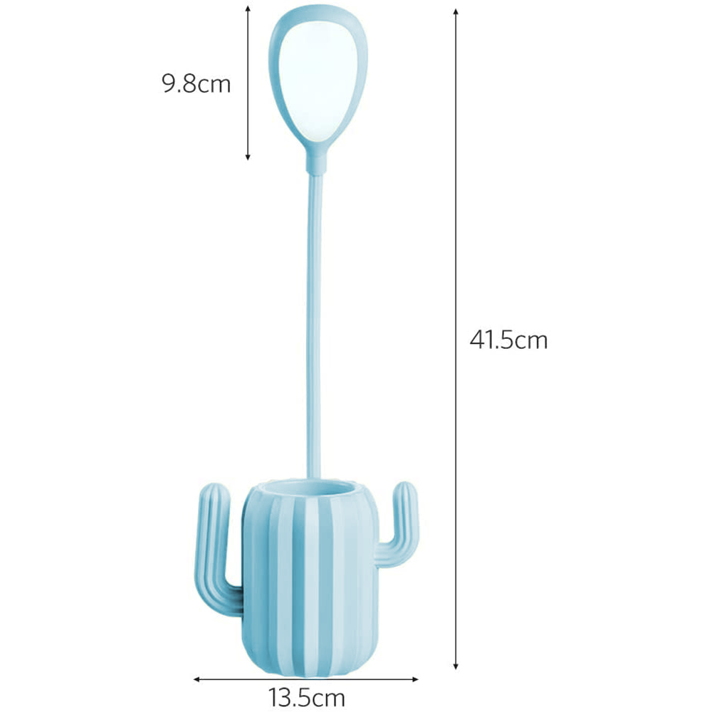 Eine blaue Kaktusförmige Lampe mit beschrifteten Abmessungen. Auf weißem Hintergrund.