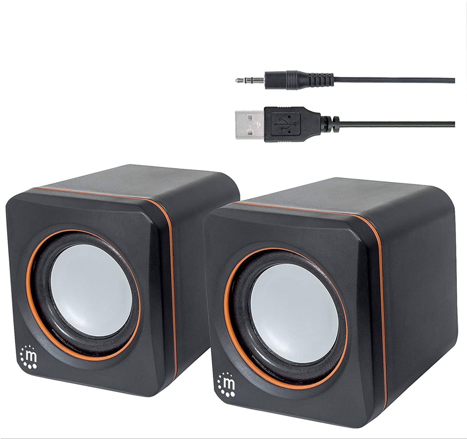 Zwei schwarze Computerlautsprecher mit orangefarbenem Rand. Kabel für USB und Audio sichtbar.
