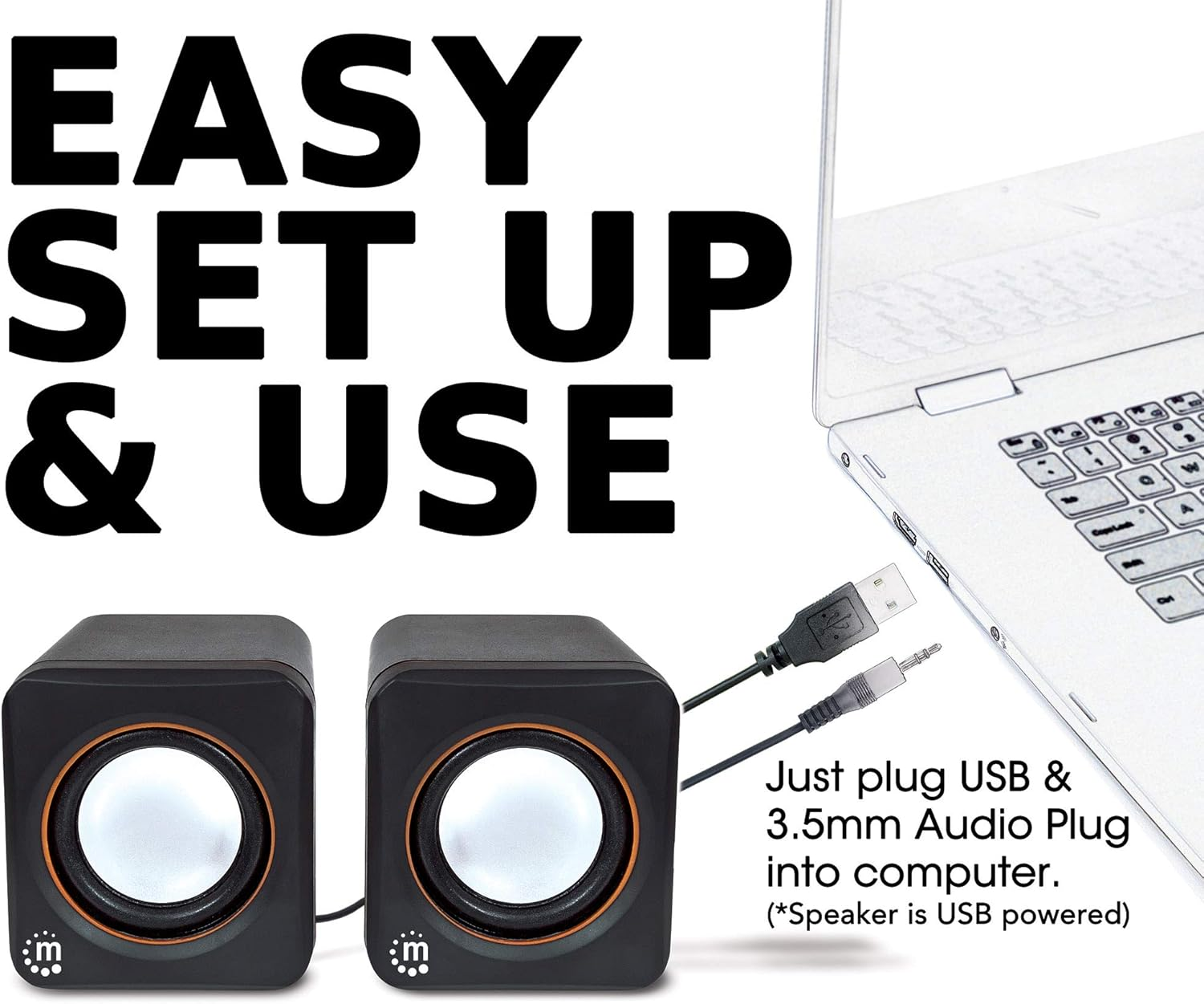 Schwarze Computerlautsprecher mit einem goldenen Ring um die Lautsprecher. USB- und 3,5-mm-Audio-Stecker sind eingesteckt.