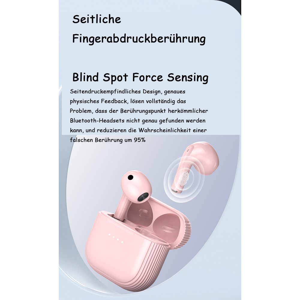 Rosa kabellose Ohrhörer mit Text, der Funktionen wie Blind Spot Force Sensing beschreibt, auf rosa Hintergrund.