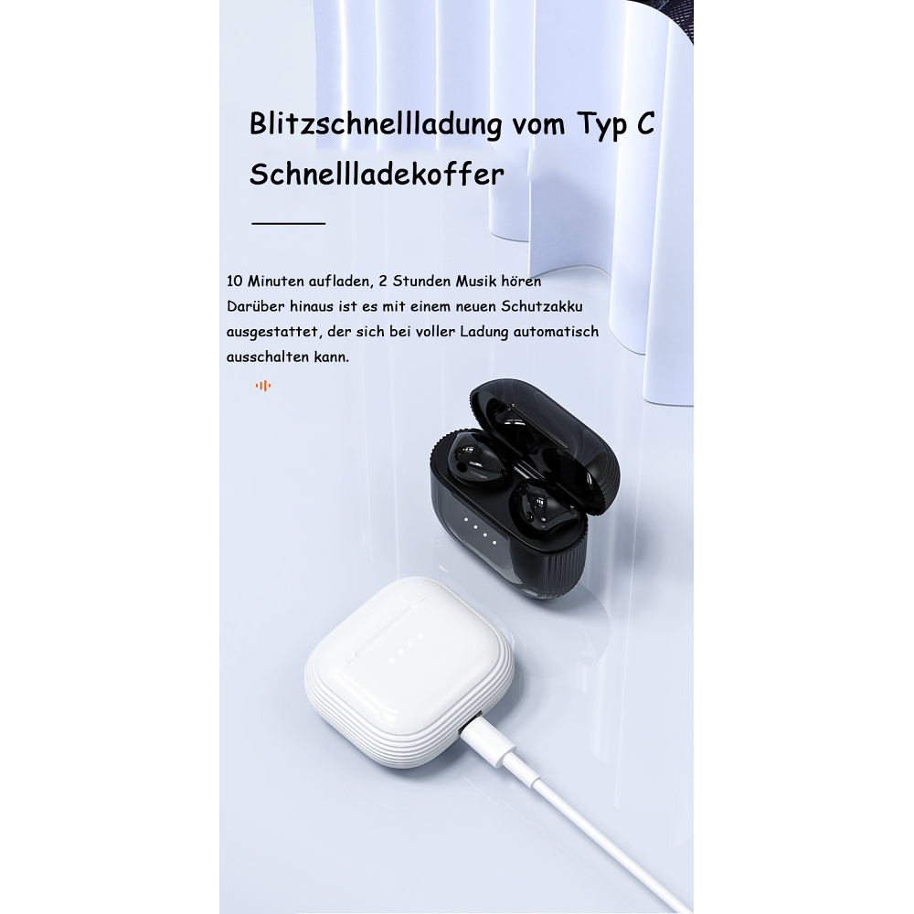 Schwarze kabellose Ohrhörer in einem weißen Ladeetui. Das Etui ist an ein weißes Kabel angeschlossen.