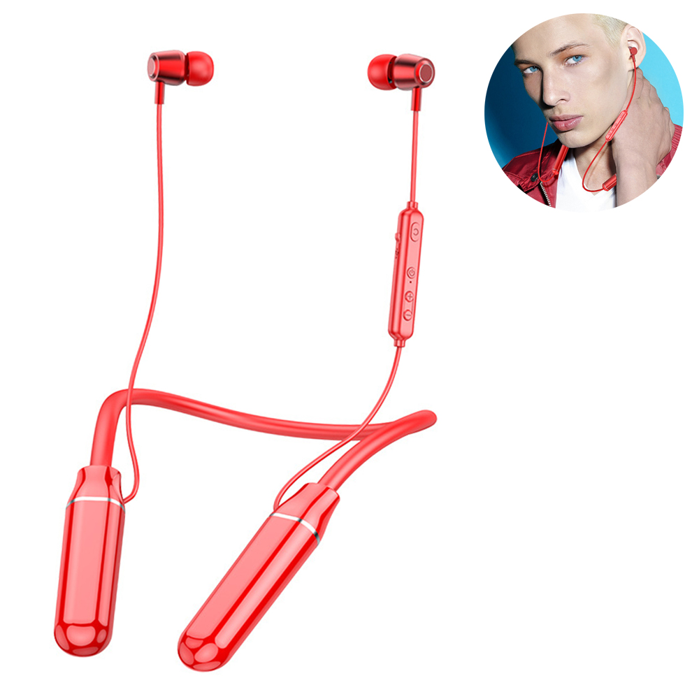 Rote kabellose Ohrhörer und ein Nackenbügel, mit einem Mann, der sie in einem Kreis benutzt.
