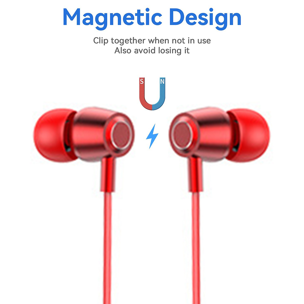 Rote Kopfhörer. Magnetisches Design. Blaues Blitzsymbol und Magnet über den Kopfhörern.