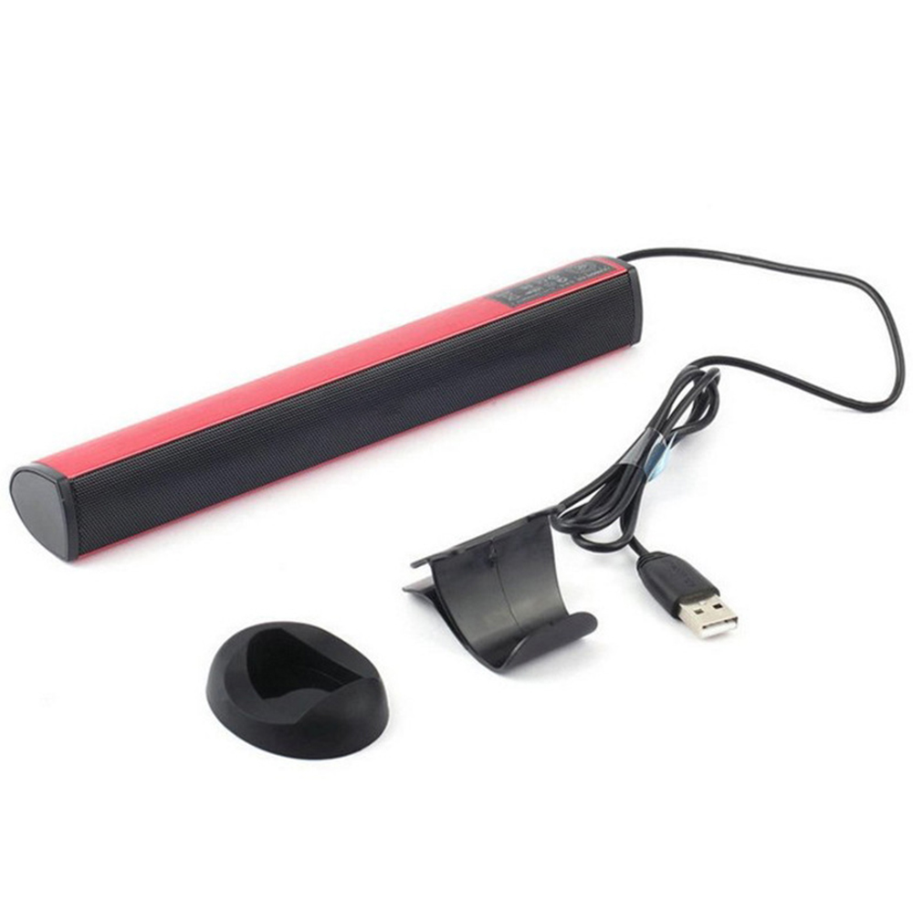 Rote und schwarze Soundbar mit Ständer, USB-Kabel und kleiner schwarzer Basis.