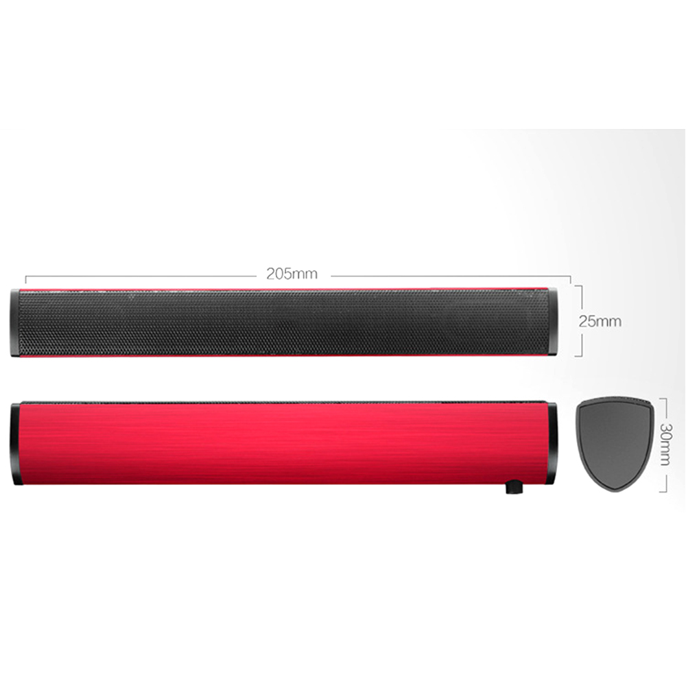 Rote und schwarze Soundbar, mit Maßen, weißer Hintergrund.