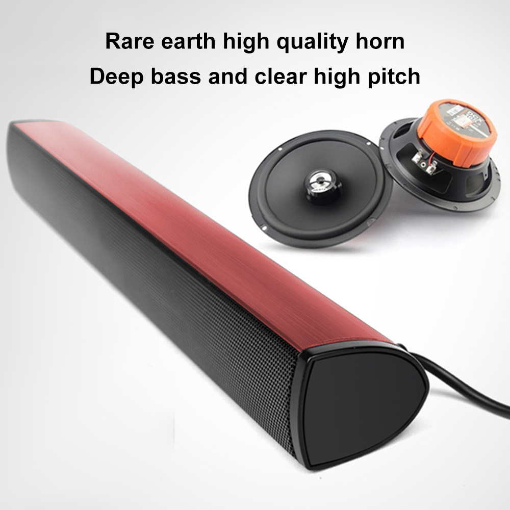Rote und schwarze Soundbar mit Lautsprechern. Text: Seltenerd-Horn. Tiefer Bass und klarer hoher Ton.