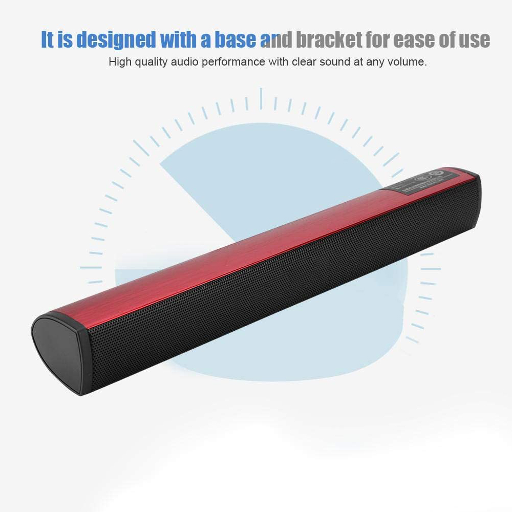Roter Soundbar mit schwarzem Mesh, auf weißem Hintergrund, mit blauem Halbkreis.