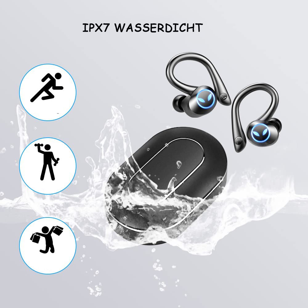 Schwarze Ohrhörer und Ladeetui mit Aktivitäts-Icons auf blauem Hintergrund.