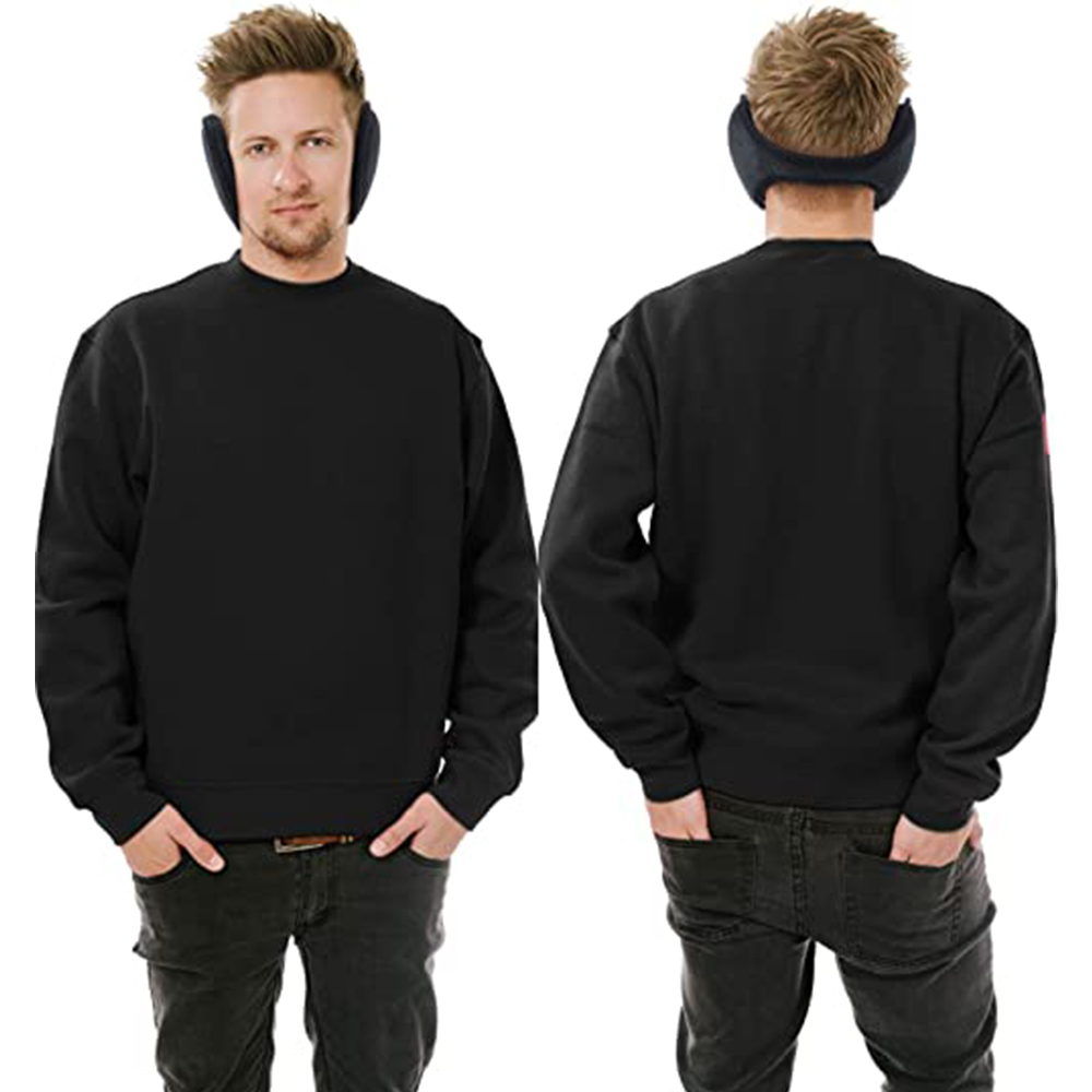 Ein Mann mit Ohrenschützern und einem schwarzen Pullover. Derselbe Mann wird von vorne und hinten gezeigt.