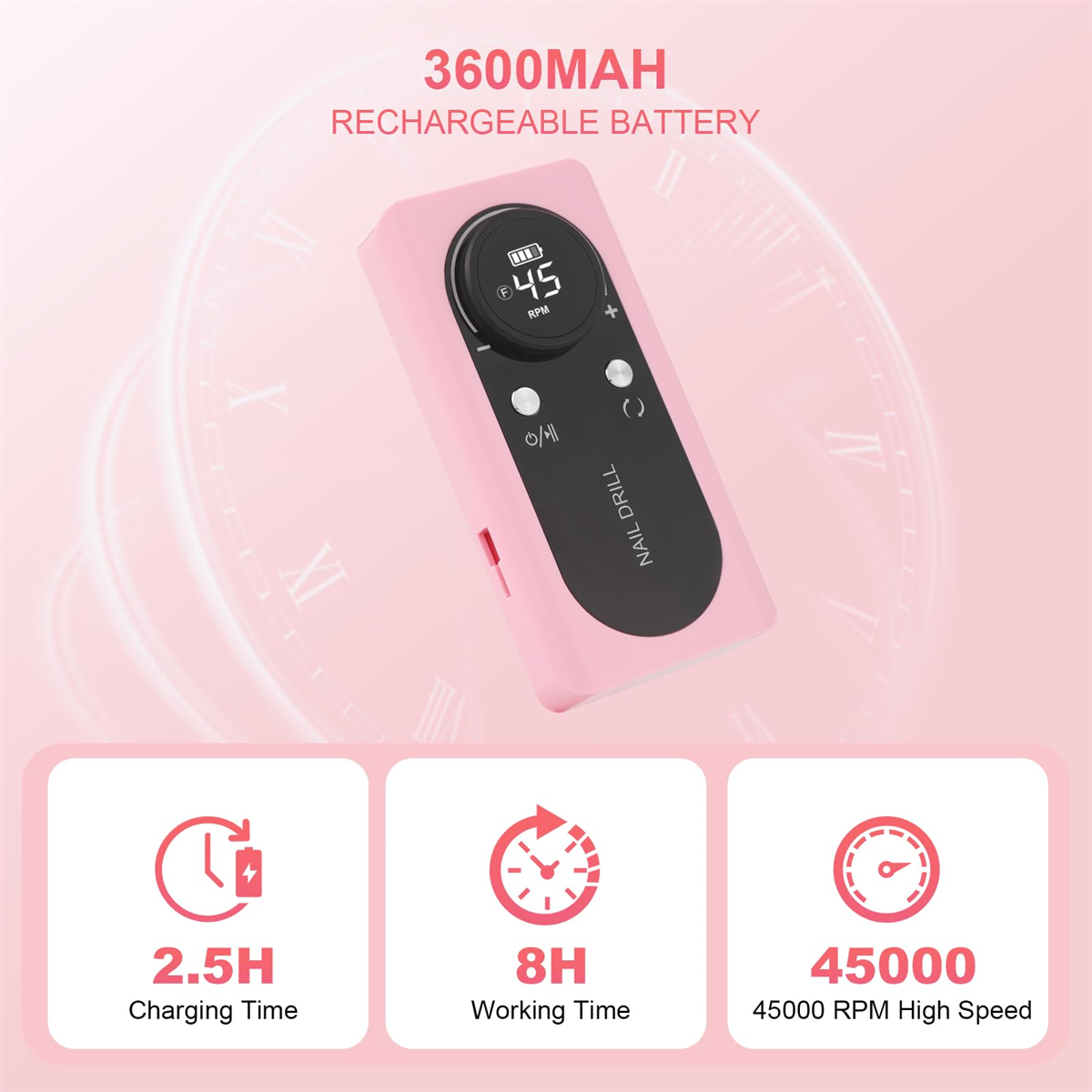 Rosa Nagelfräsmaschine mit Display, das RPM und Batterieinformationen anzeigt.