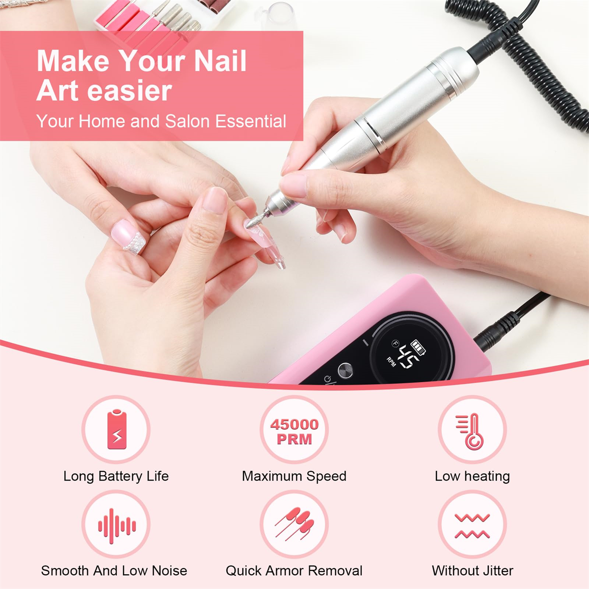 Eine rosa Nagelkunstmaschine mit Zubehör. Text beschreibt Funktionen: lange Batterie, max. Geschwindigkeit, geringe Hitze.
