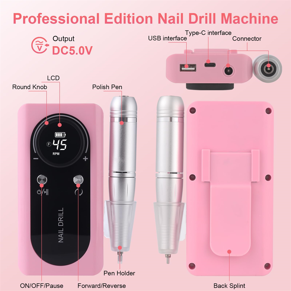 Eine rosa Nagelfräsmaschine mit einem Stift wird gezeigt. Text beschriftet die Teile der Maschine. Der Hintergrund ist rosa.