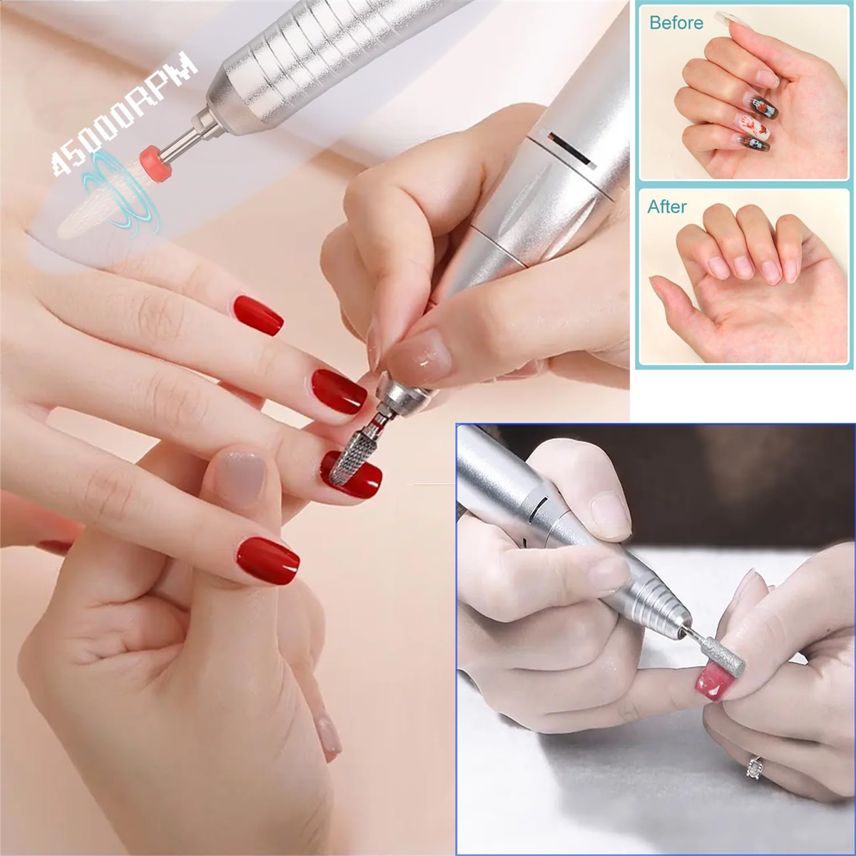 Eine Hand einer Frau, die einen Nagelbohrer auf einem rot lackierten Nagel verwendet, mit Vorher- und Nachher-Bildern der Nägel.