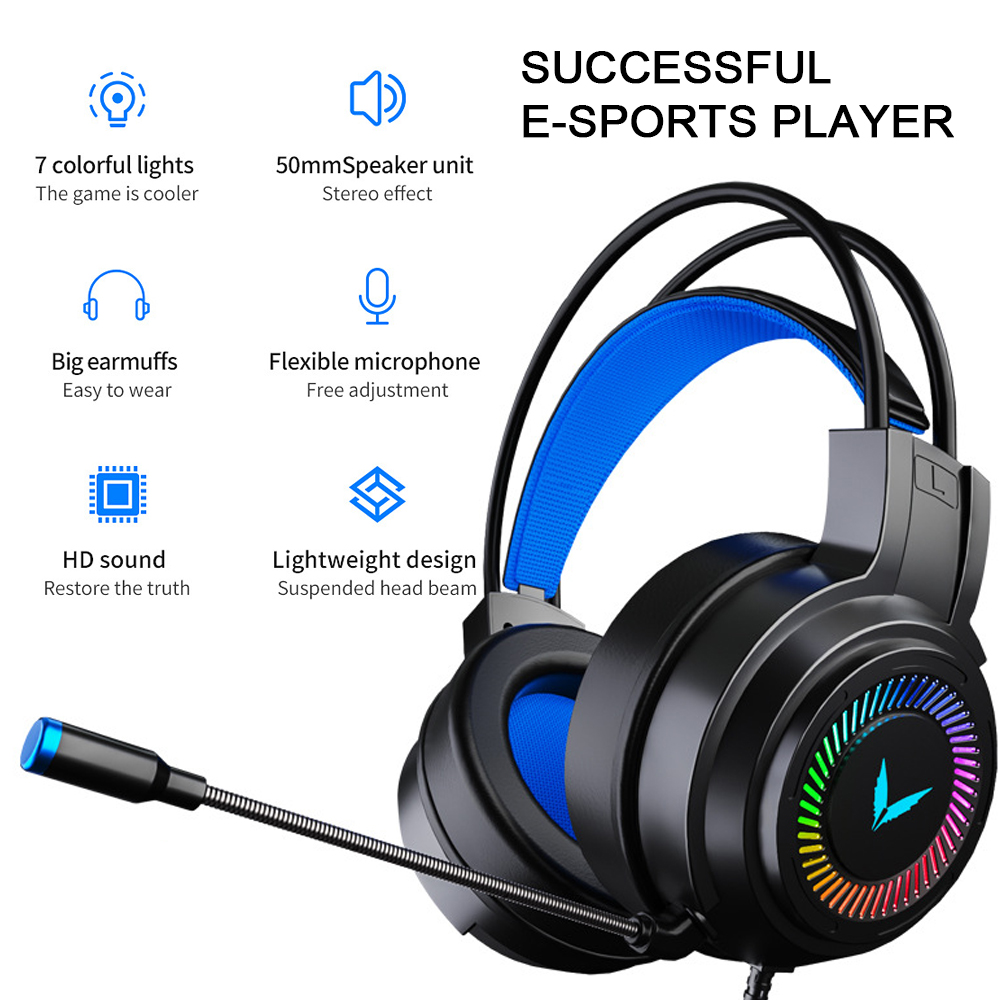 Schwarzes Gaming-Headset mit blauen Akzenten. Enthält Symbole für Lichter, Lautsprecher, Mikrofon und HD-Sound.