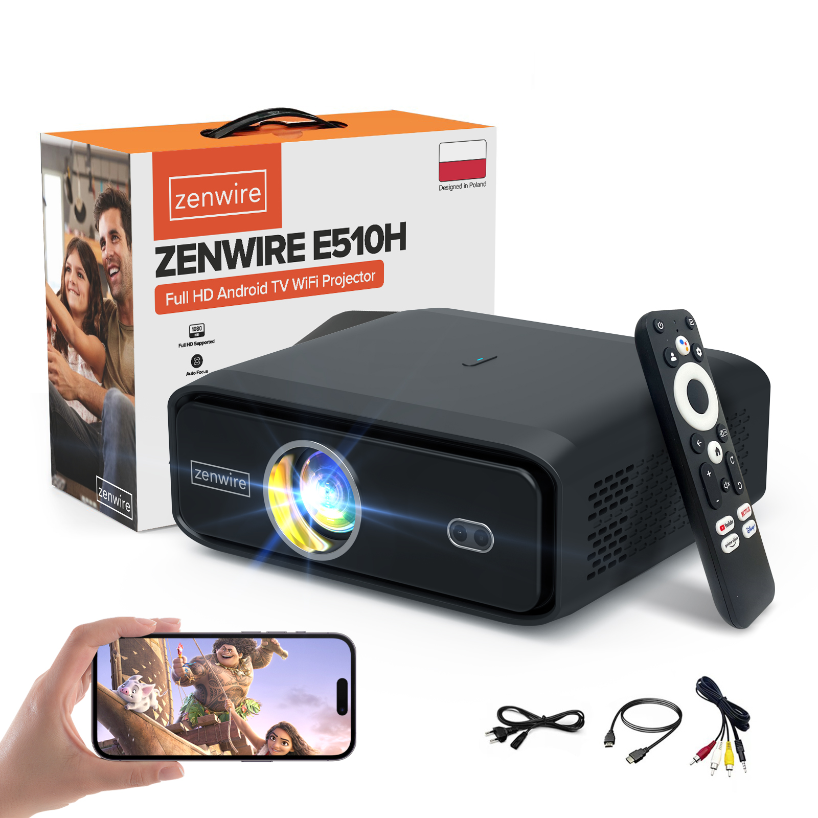 Czarny projektor z pilotem i kablami, telefon wyświetlający scenę z filmu.