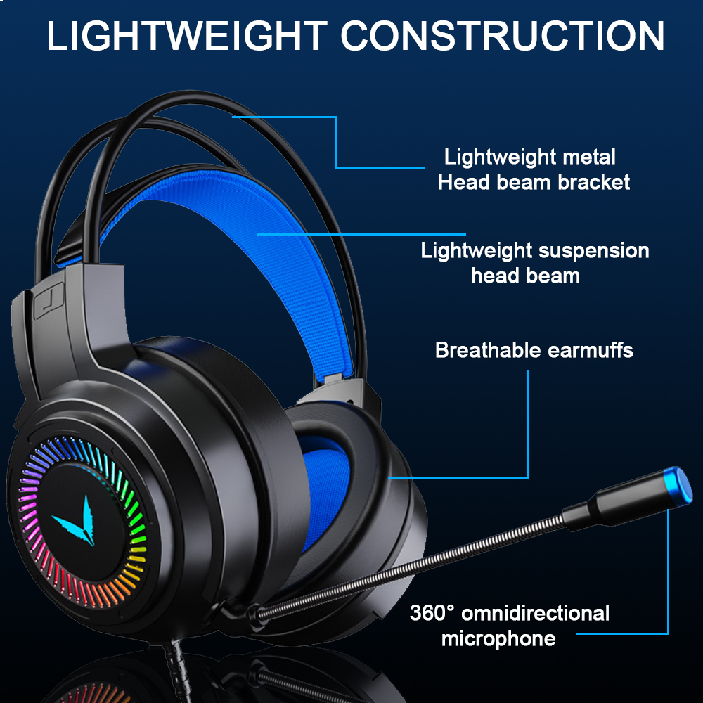 Schwarzes Gaming-Headset mit blauen Akzenten, zeigt leichte Konstruktion und Mikrofon mit blauer Spitze.