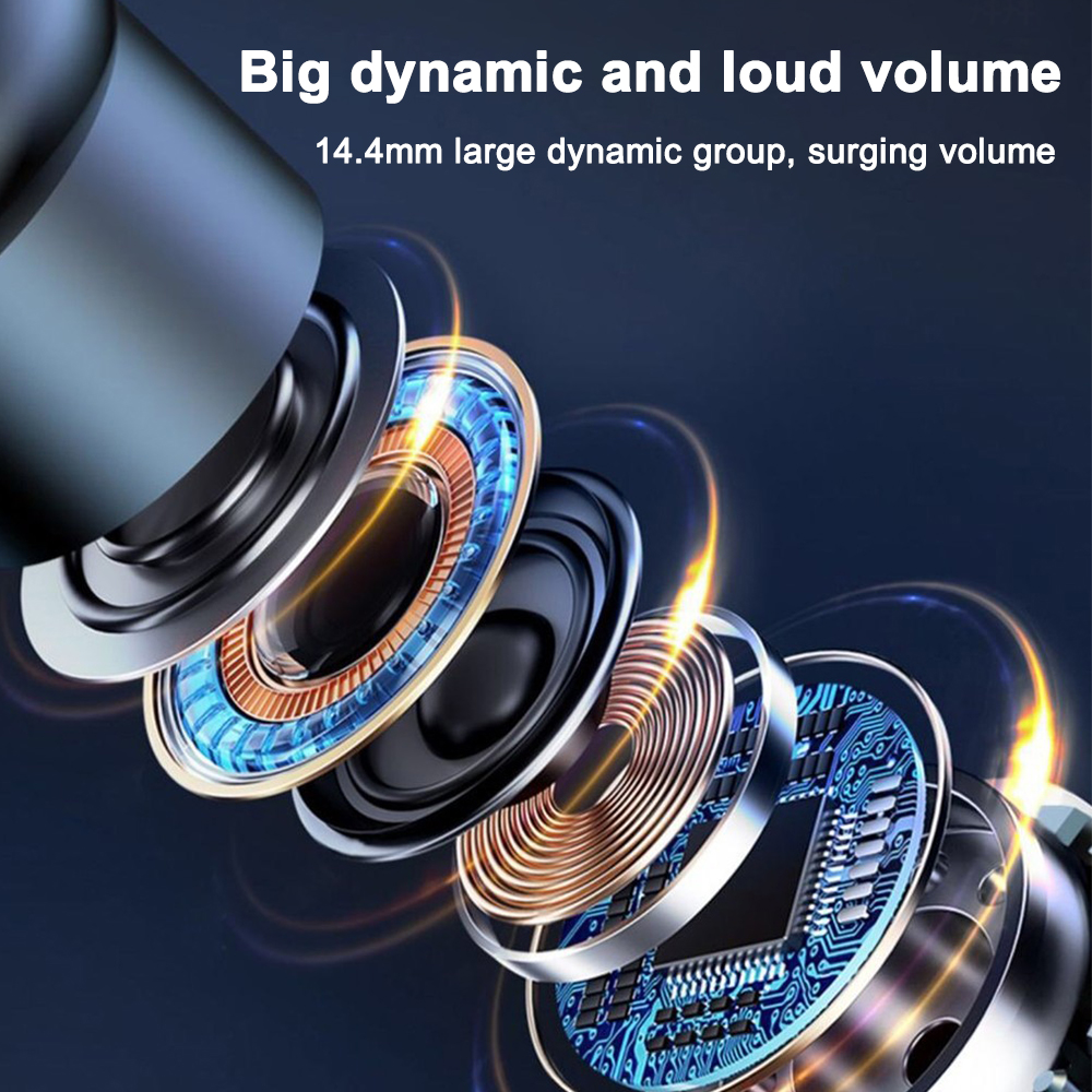 Explosionsansicht der Ohrhörerkomponenten. Text: 'Big dynamic and loud volume'.