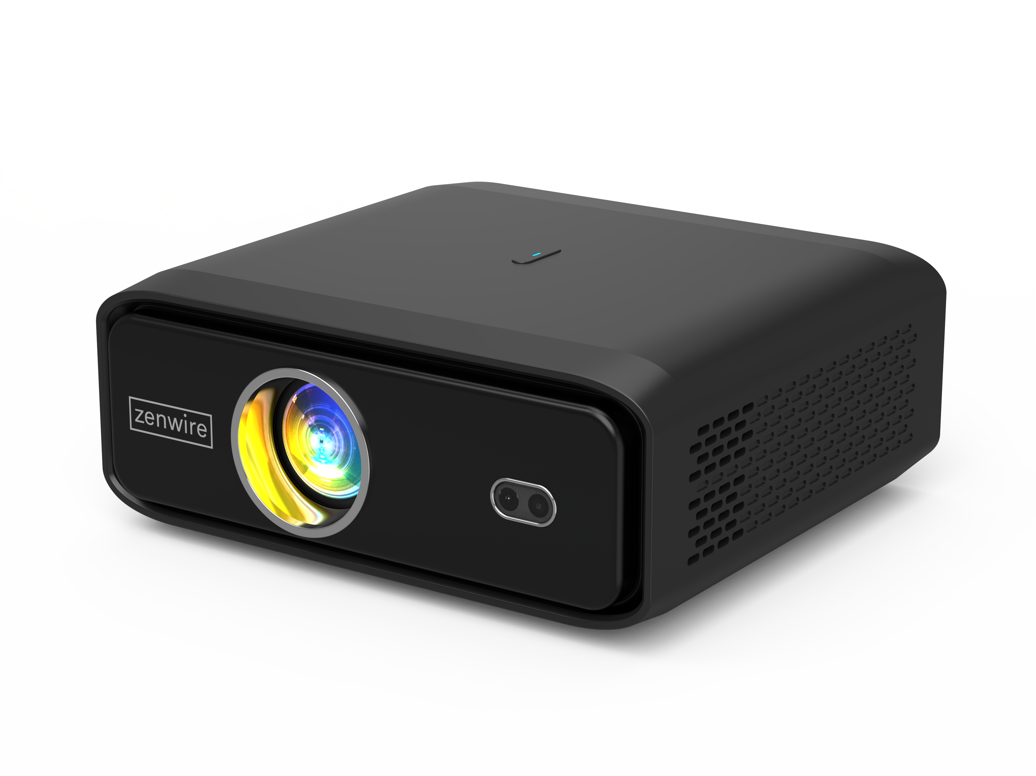 Czarny projektor z obiektywem i przyciskiem zasilania. Białe tło z efektem świetlnym.