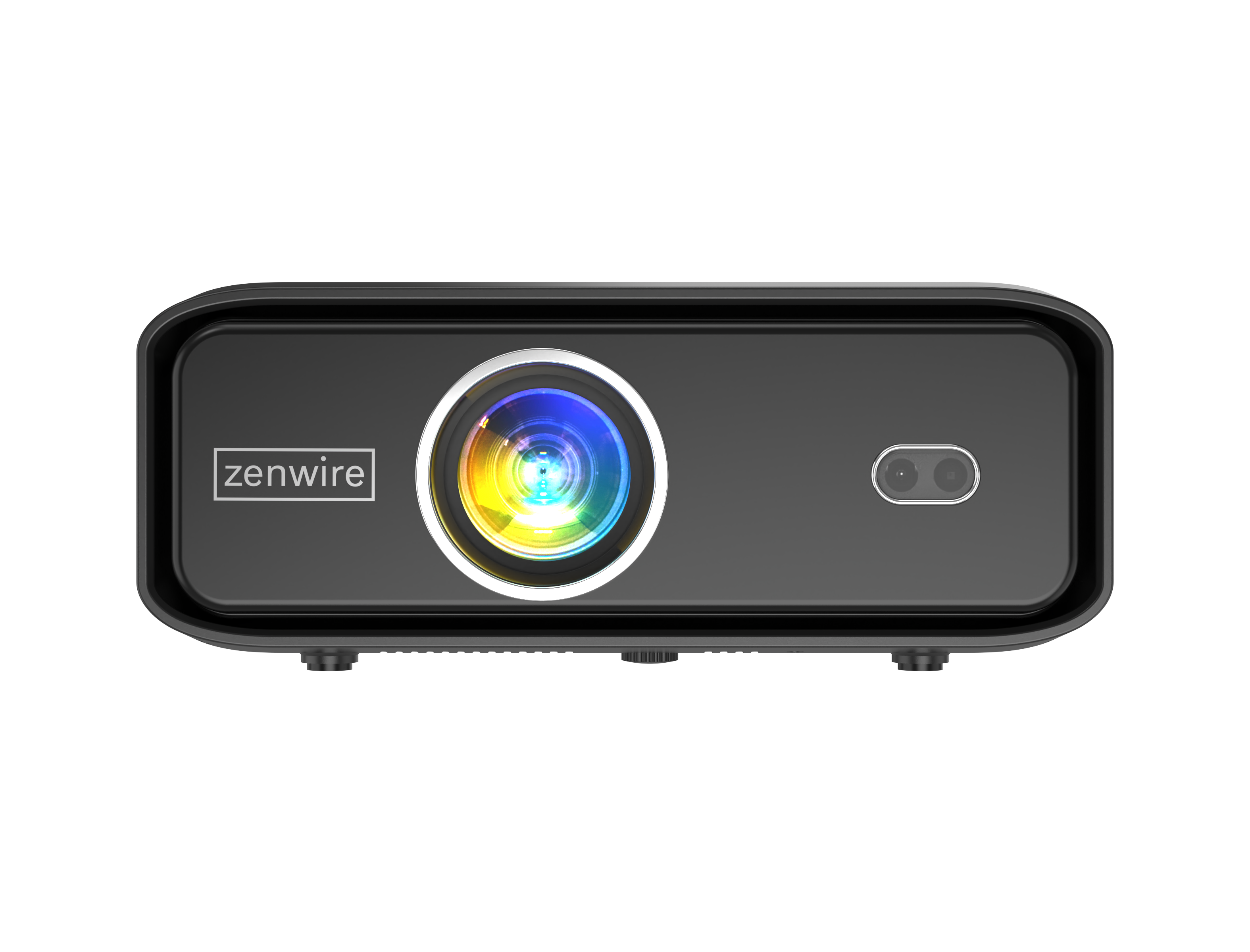 Czarny projektor Zenwire z obiektywem i dwoma czujnikami na czarnym tle.