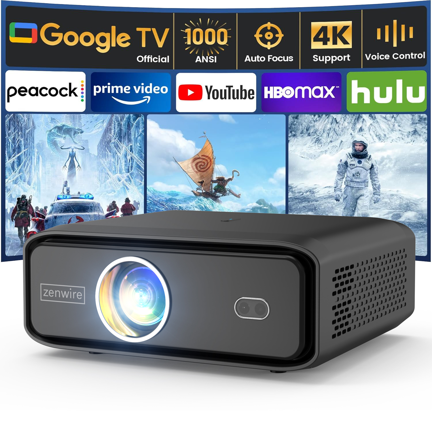 Czarny projektor z niebieskim światłem z przodu. Tło przedstawia loga aplikacji do strumieniowania i filmy.