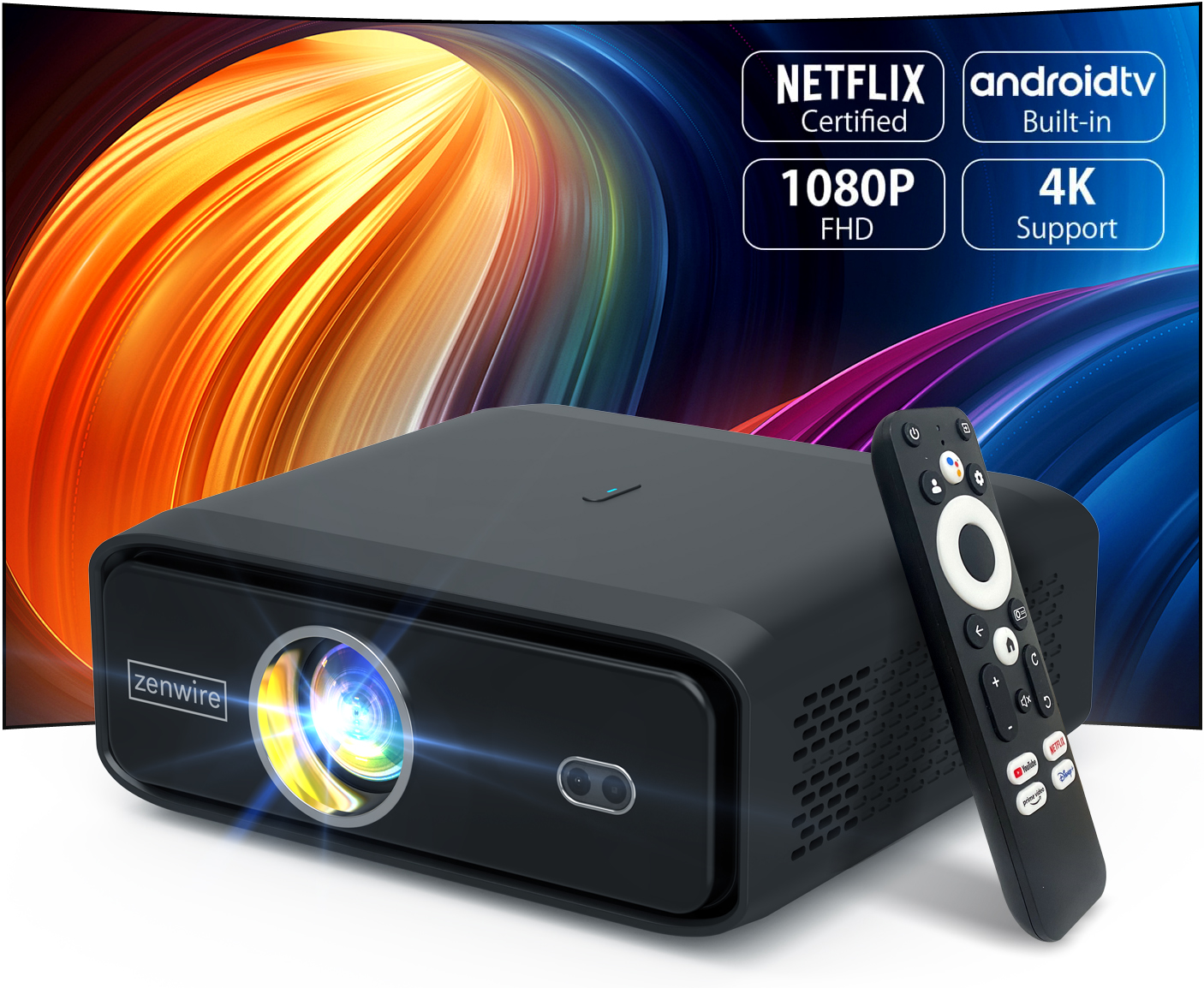 Czarny projektor z pilotem. Zakrzywione tło z kolorowymi światłami.