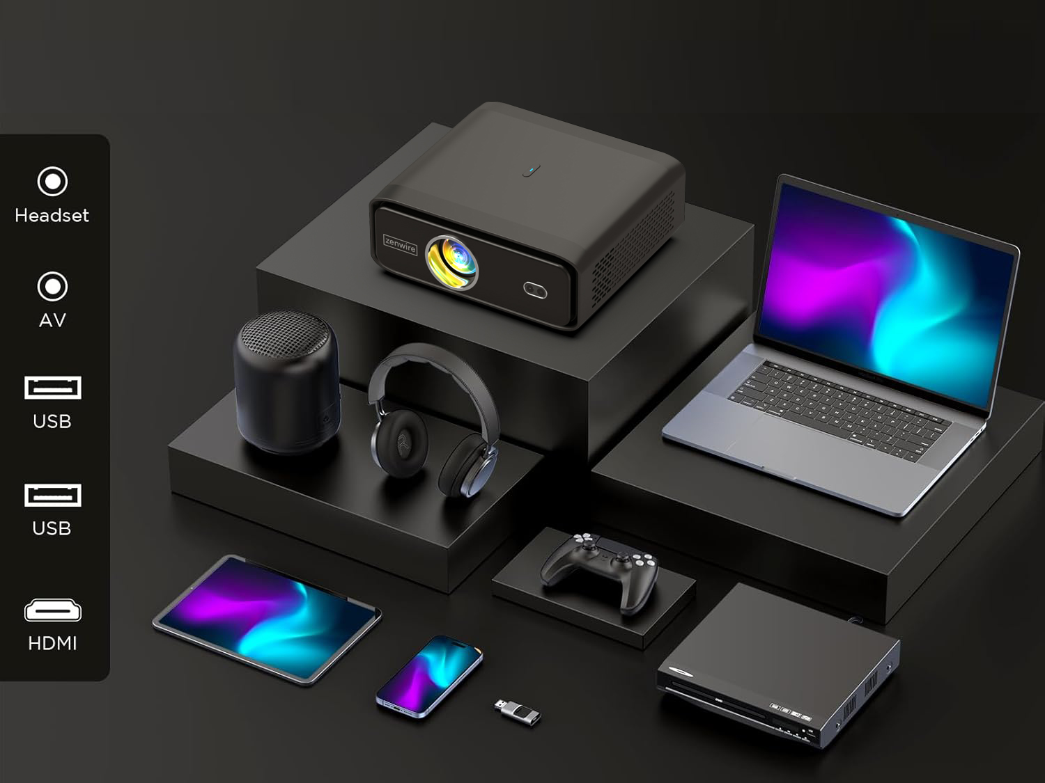 Czarny projektor, głośnik i inne urządzenia techniczne są wyświetlane na czarnych platformach.