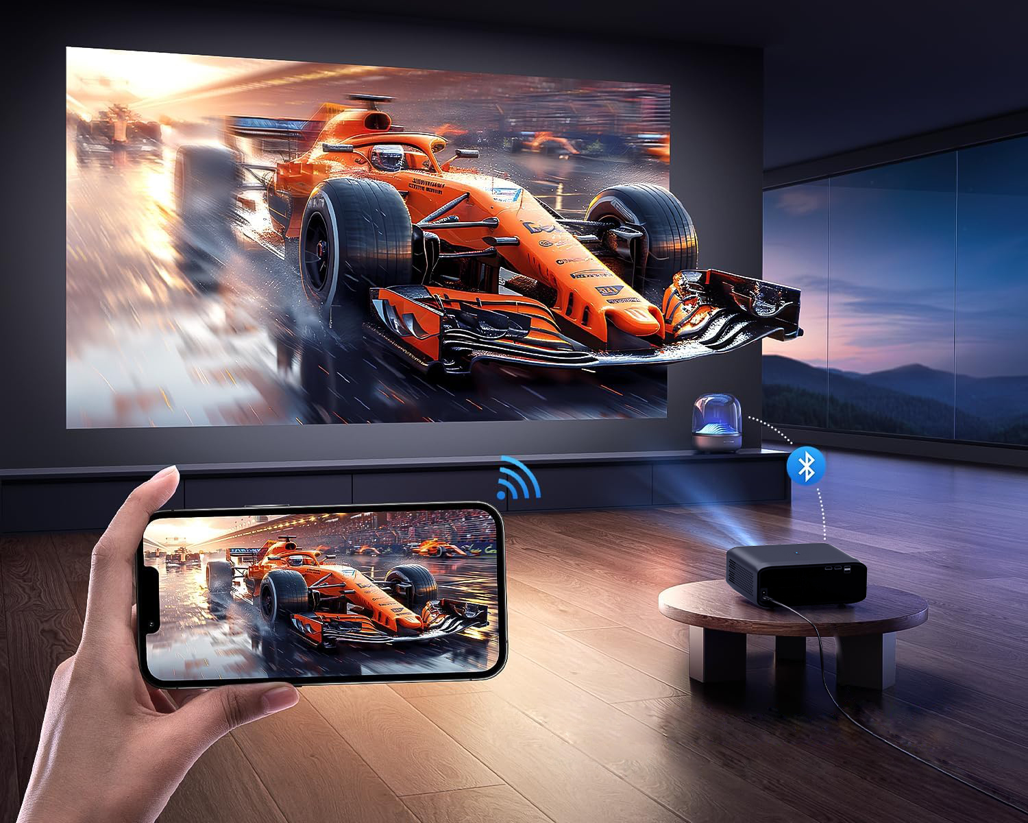 Projektor wyświetlający samochód wyścigowy na ekranie. Telefon wyświetla ten sam obraz. Projektor i stół na pierwszym planie.