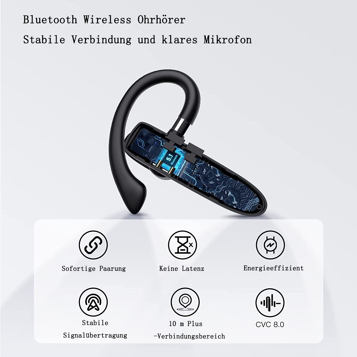 Ein schwarzes Bluetooth-Headset mit Symbolen, die Funktionen angeben, und dem Text 'Bluetooth Wireless Ohrhörer'.