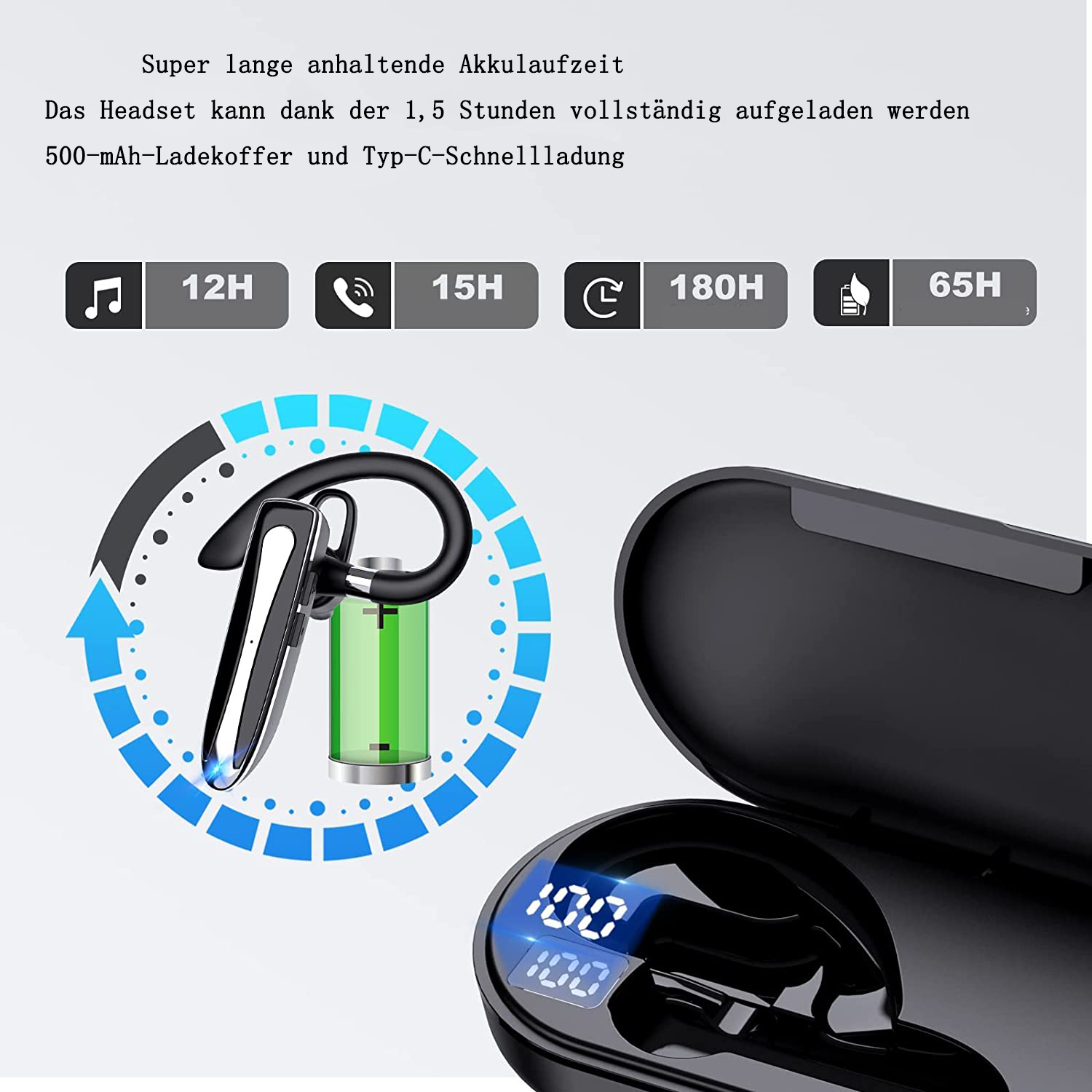 Schwarzer und silberner Kopfhörer. Zeigt die Akkulaufzeit und ein Gehäuse mit grüner Batterie.