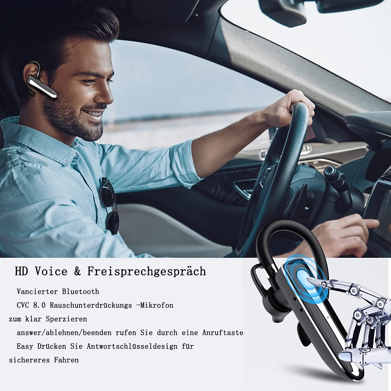 Mann fährt Auto mit Bluetooth-Headset. Text über HD-Sprache und Freisprechen.