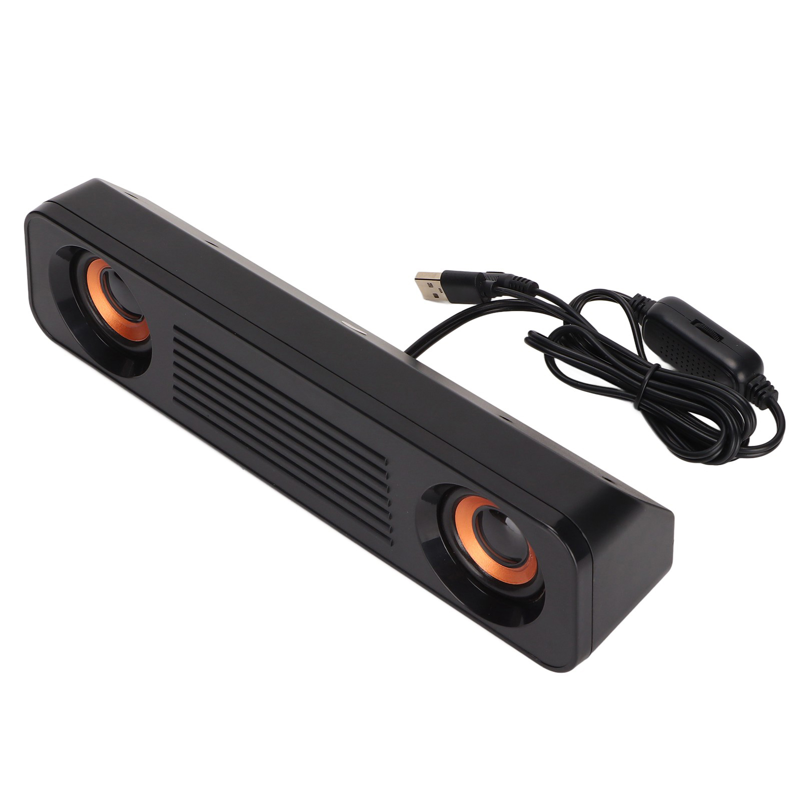 Ein schwarzer Lautsprecher mit zwei orangefarbenen Lautsprecherkegeln, USB-Kabel und Fernbedienung.