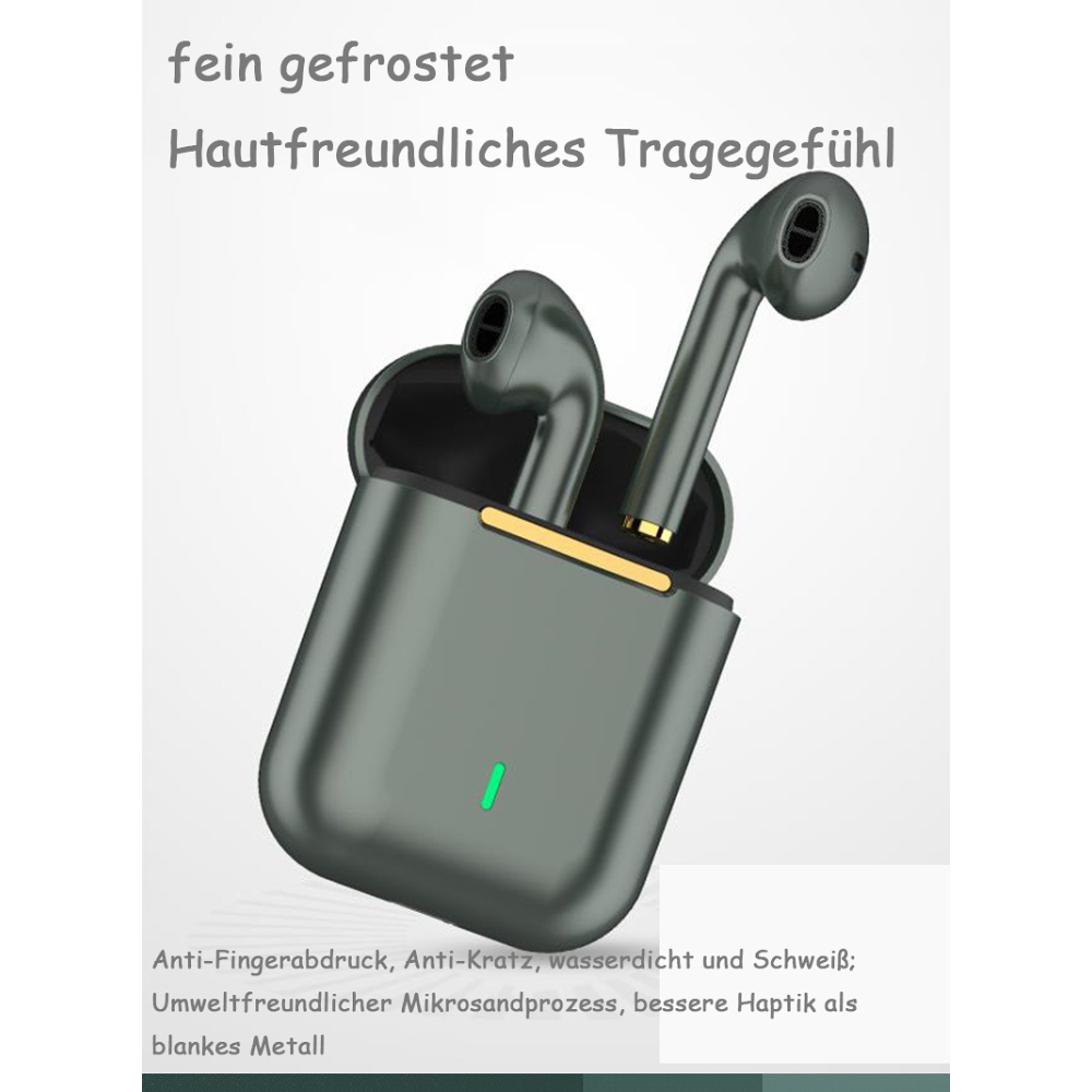 Ohrhörer in einem grauen Ladecase, mit deutschem Text.