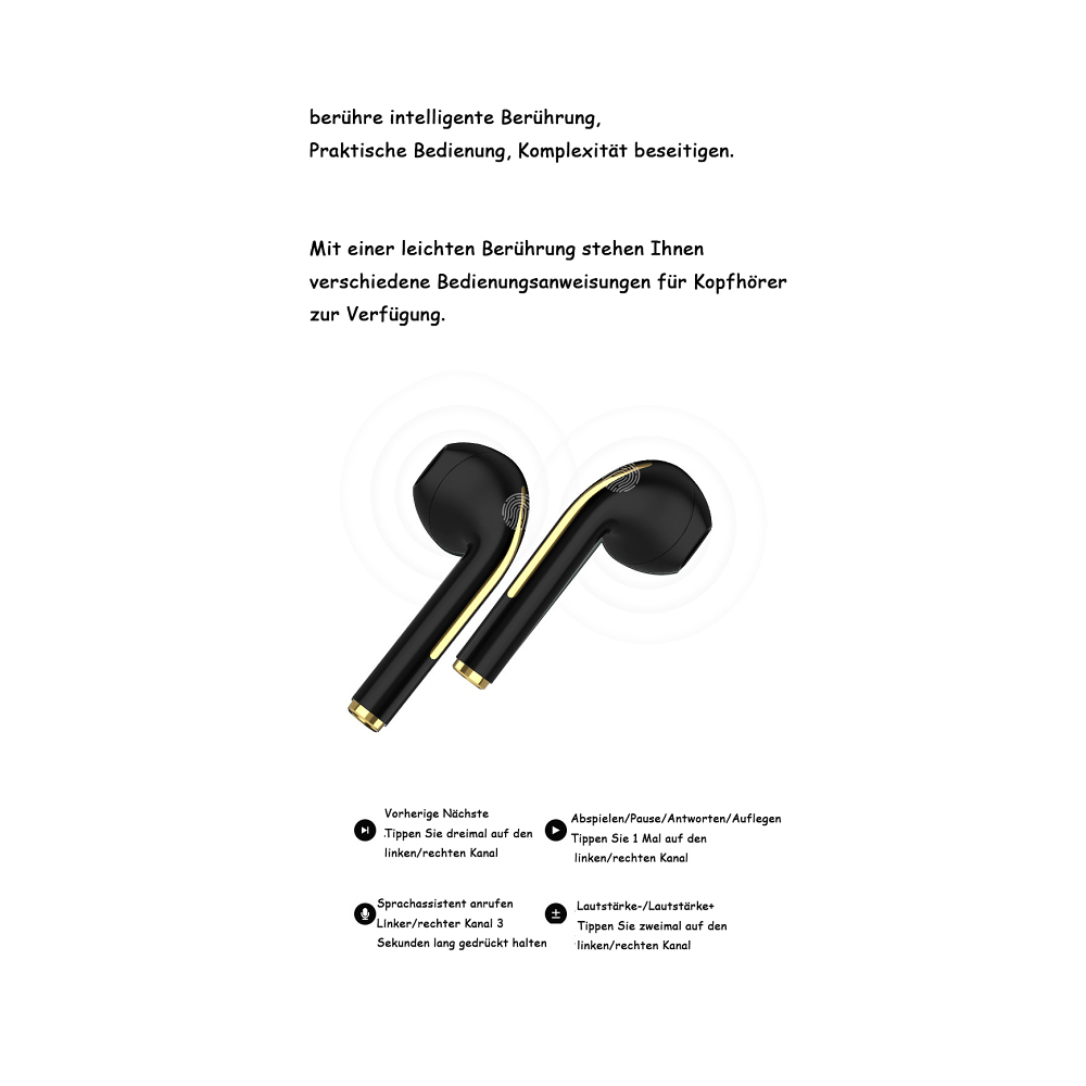 Zwei schwarze drahtlose Ohrhörer mit goldenen Akzenten. Text, der Touch-Steuerung für Lautstärke und Funktion erklärt.