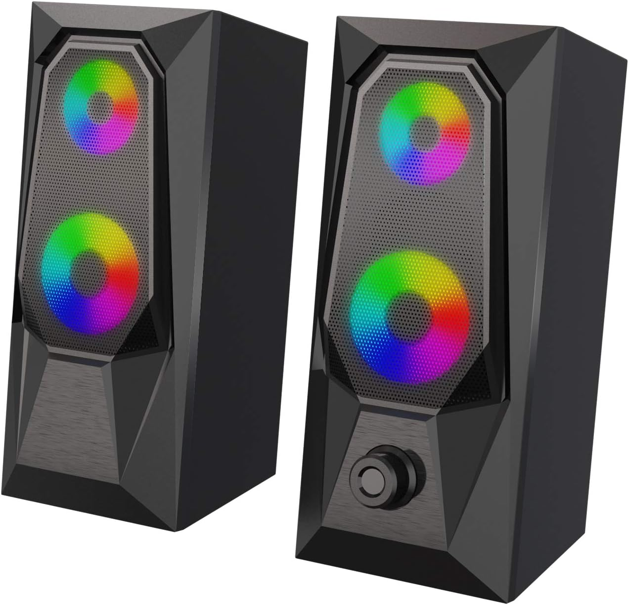Paar schwarze Lautsprecher mit RGB-Beleuchtung. Jeder hat ein Mesh-Gitter und einen Lautstärkeregler.