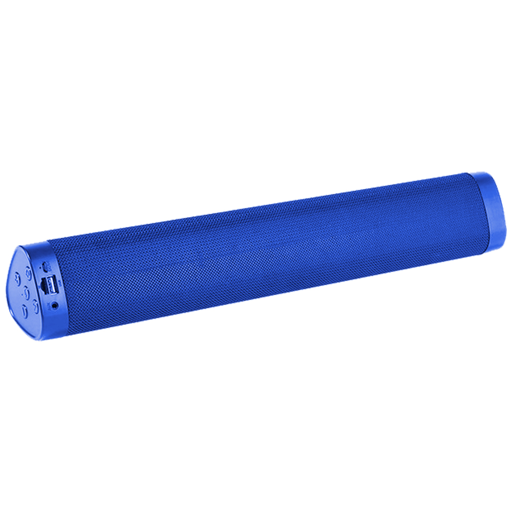Blauer zylindrischer Lautsprecher mit USB- und anderen Anschlüssen am Ende.