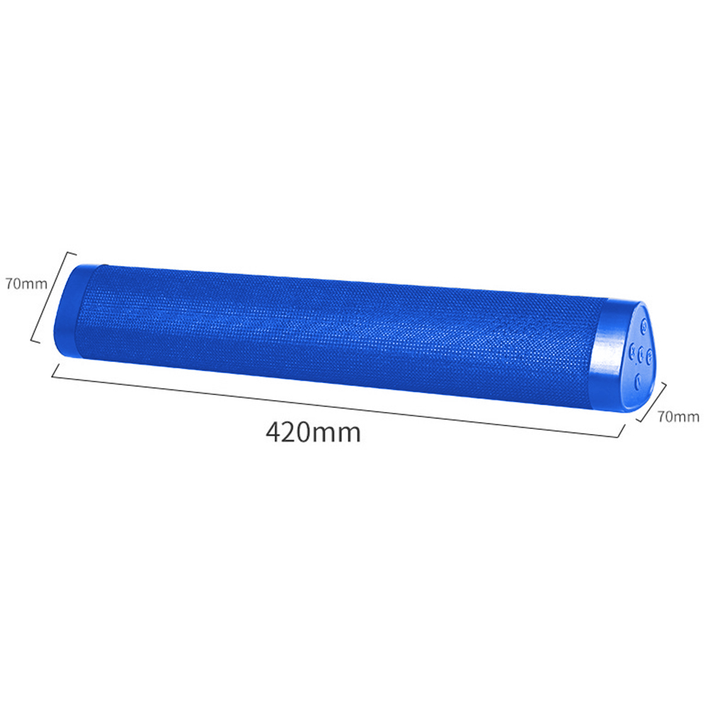 Blauer zylindrischer Lautsprecher mit strukturierter Oberfläche, mit mm-Angaben.