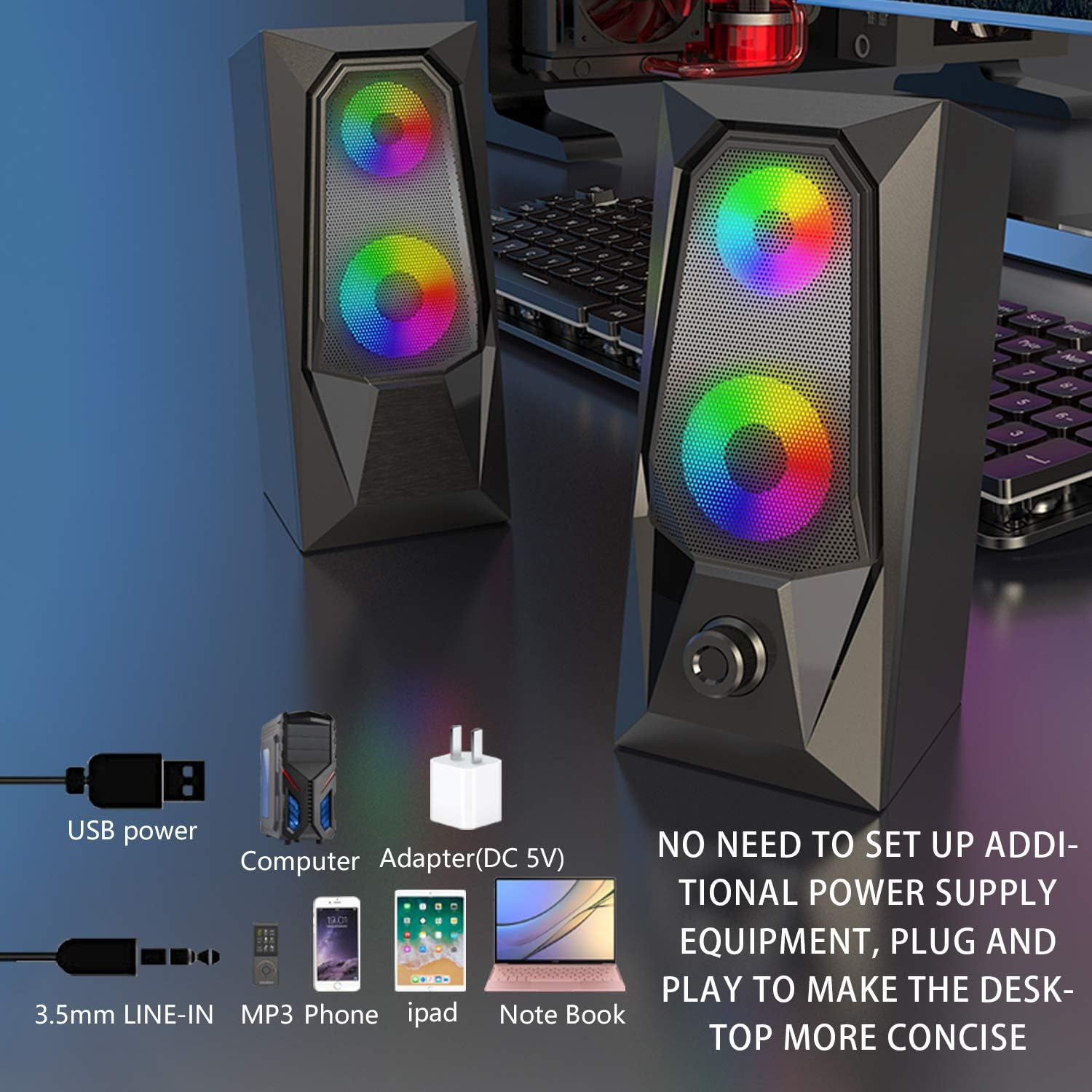 Schwarze Computerlautsprecher mit RGB-Beleuchtung, USB-Stromanschluss und 3,5-mm-Line-In.