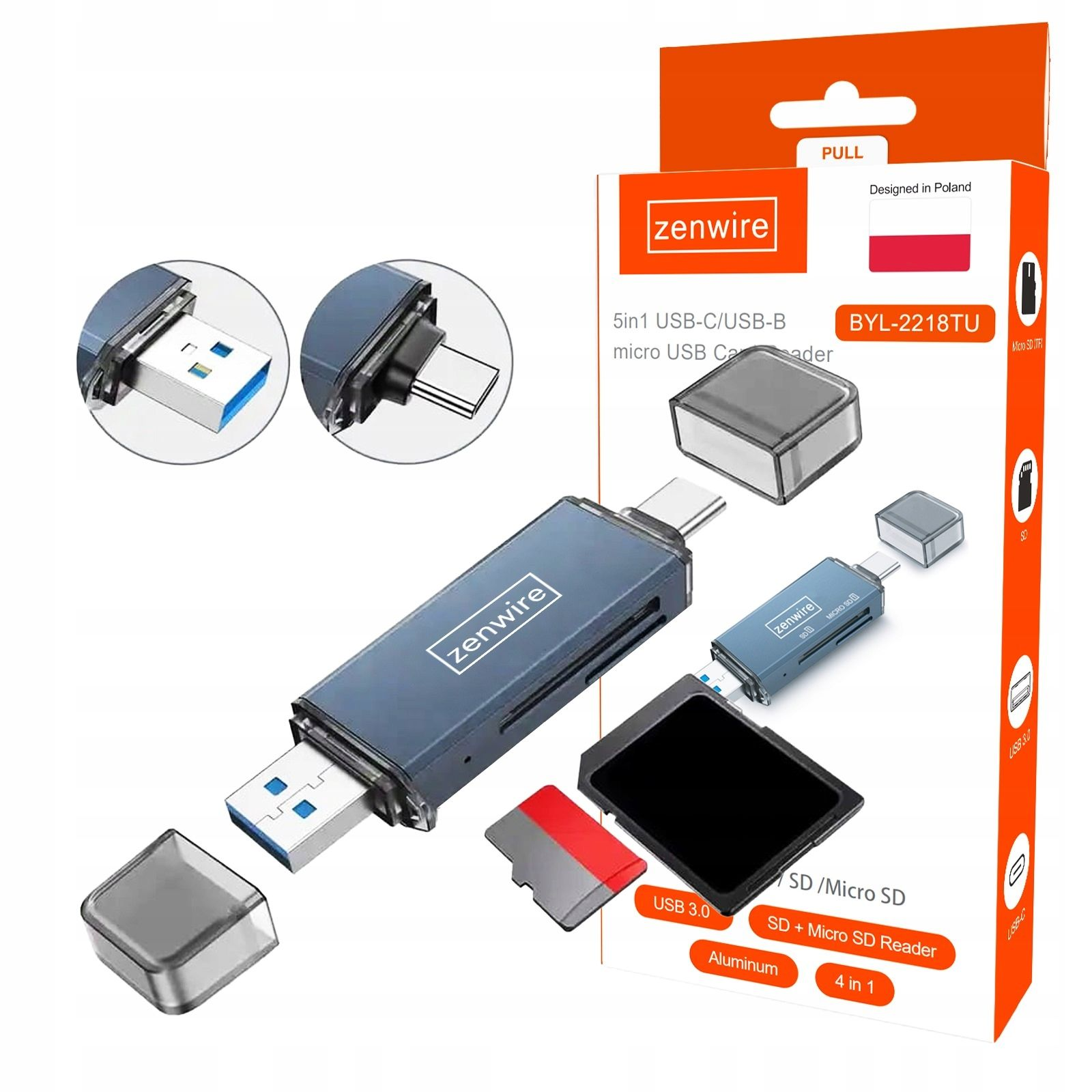 Adapter USB z wieloma złączami i pudełkiem. Białe tło.