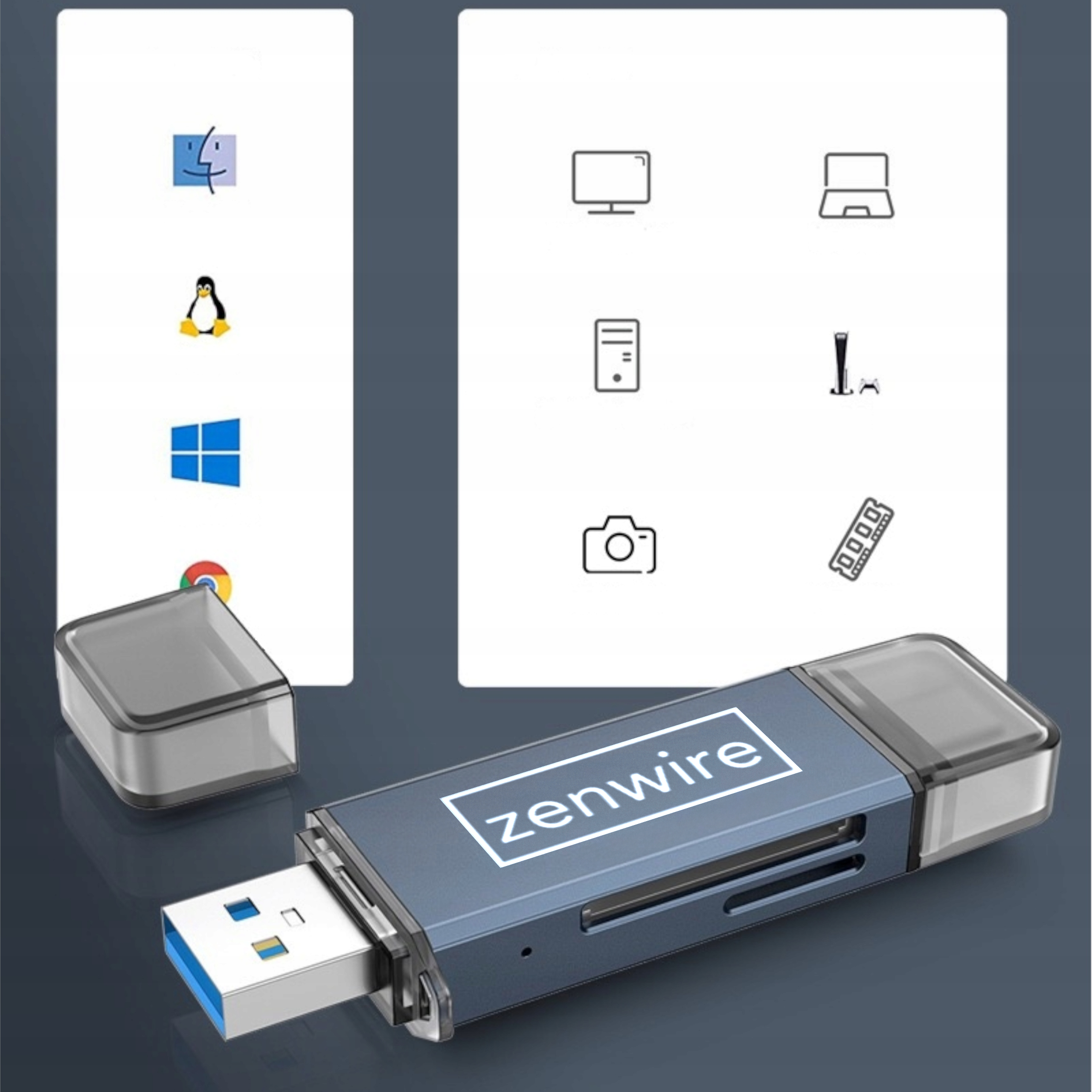 Dysk USB z ikonami komputerów i telefonu. Wyświetlany jest tekst „zenwire”.