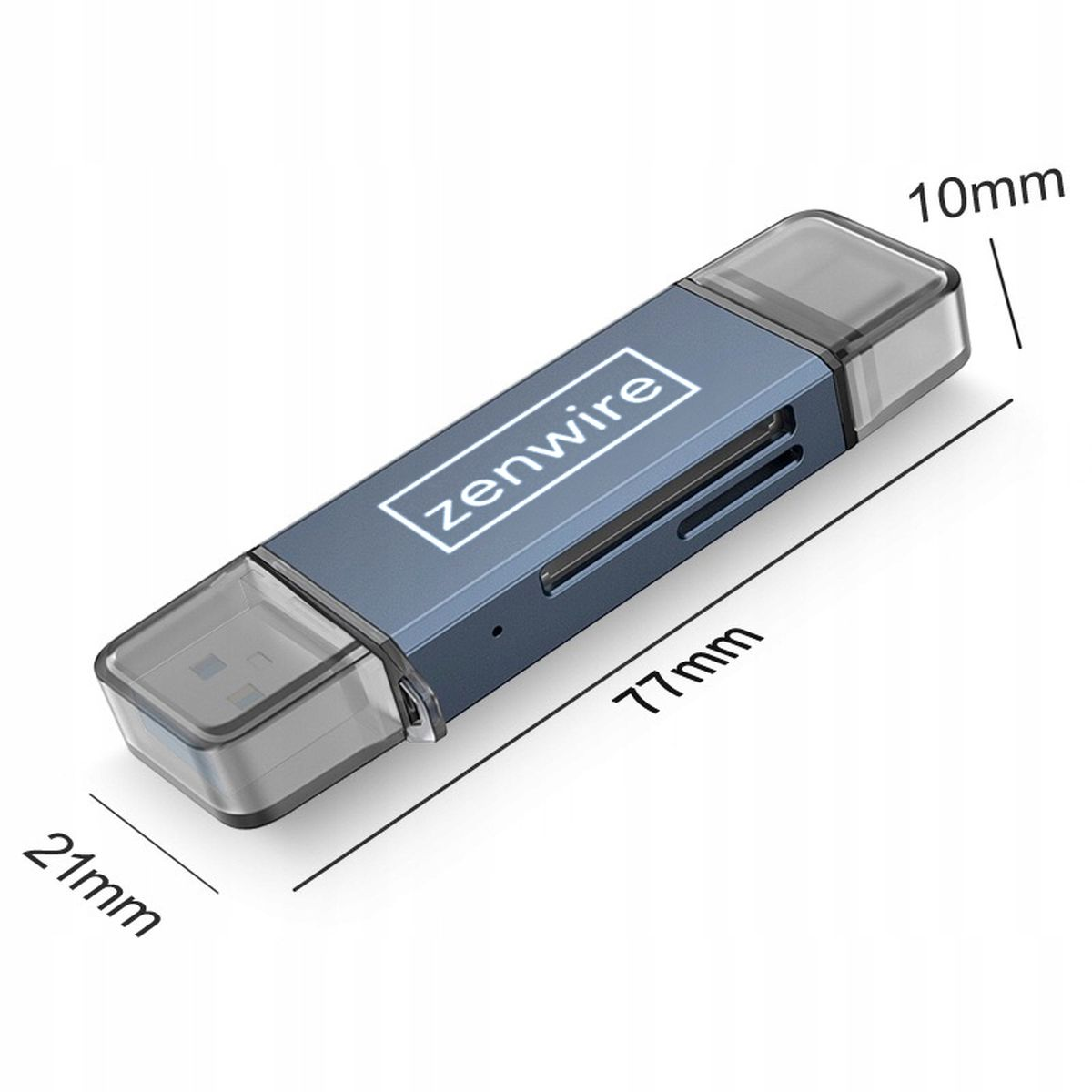Ciemnoniebieski pendrive USB z białym logo i wymiarami. Dysk ma pokrywę.