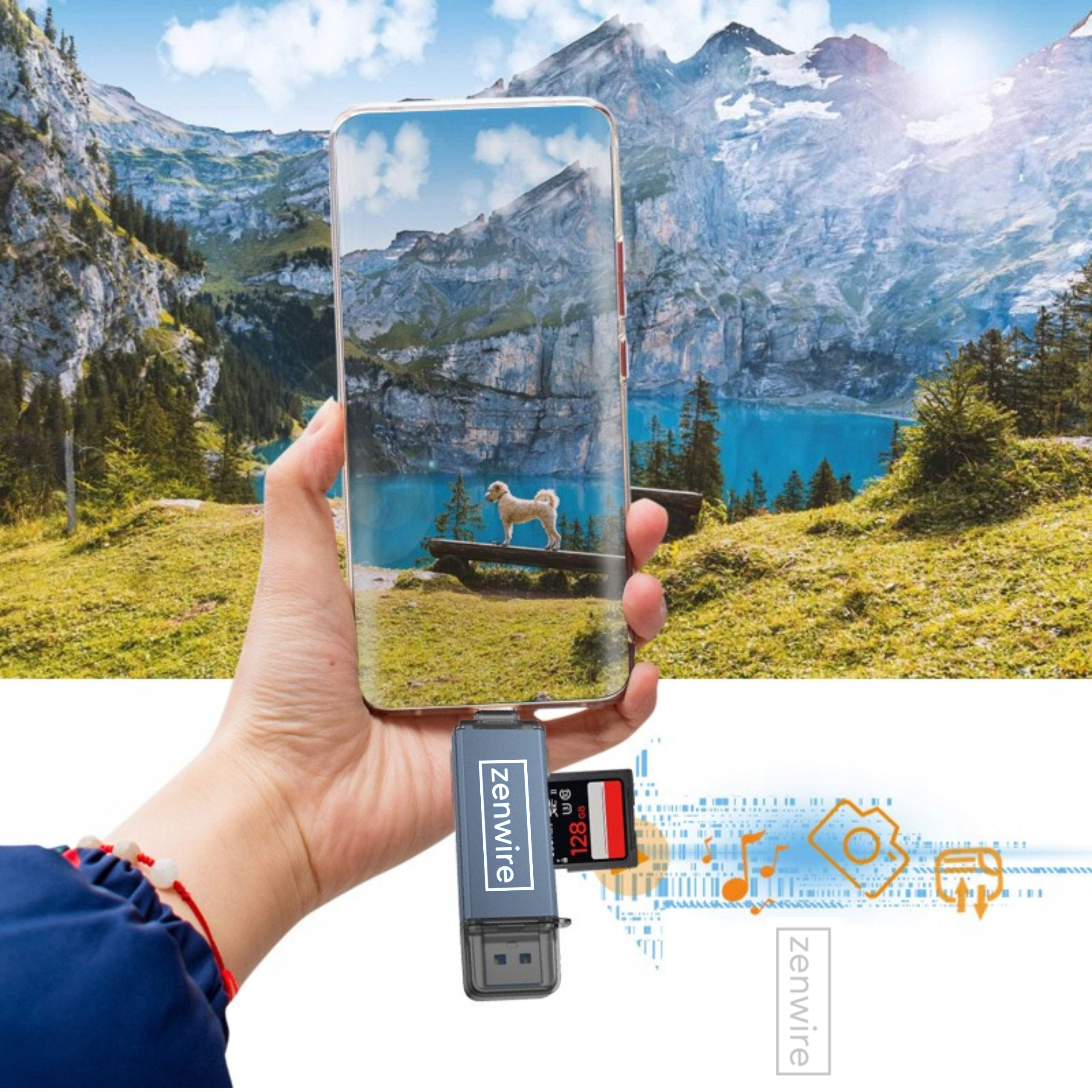 Dłoń trzymająca telefon z widokiem na jezioro, z urządzeniem do przesyłania danych.